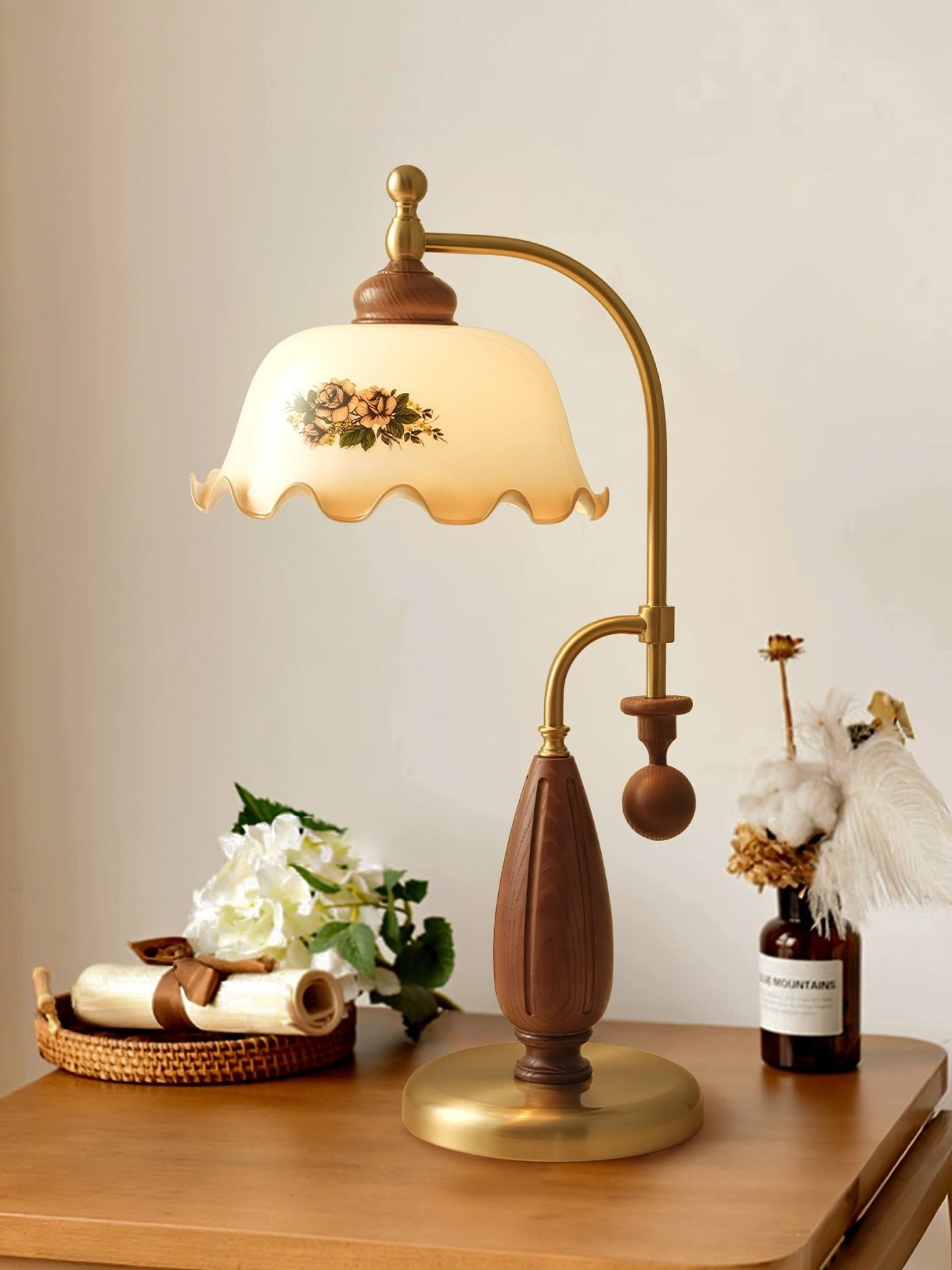 Heritage Bloom Table Lamp | Frosted Glass Shade | Walnut Wood, Gold, Nickel
