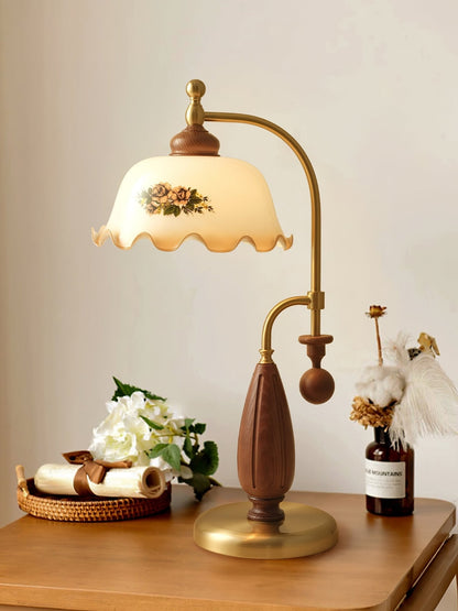 Heritage Bloom Table Lamp | Frosted Glass Shade | Walnut Wood, Gold, Nickel