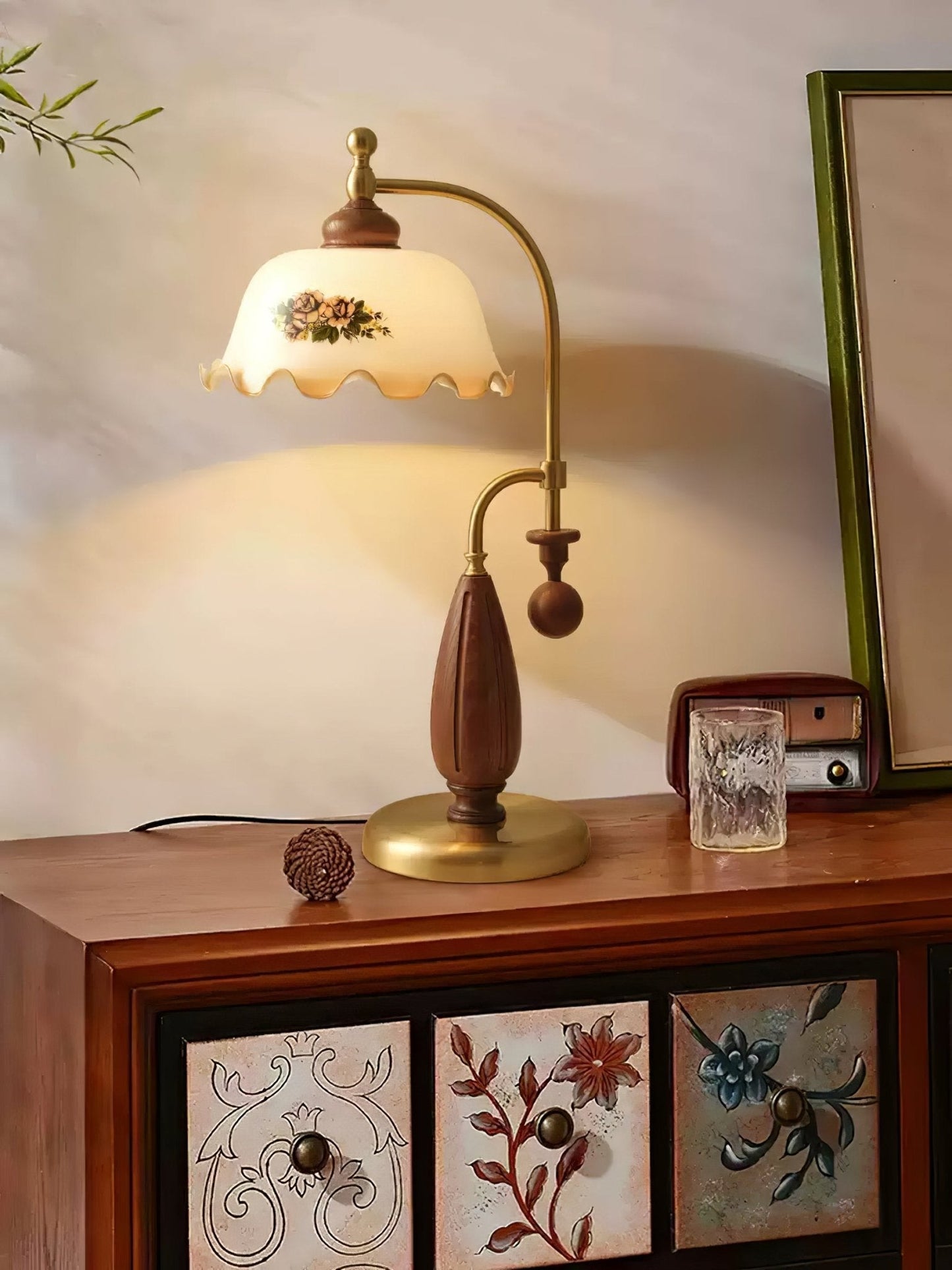 Heritage Bloom Table Lamp | Frosted Glass Shade | Walnut Wood, Gold, Nickel