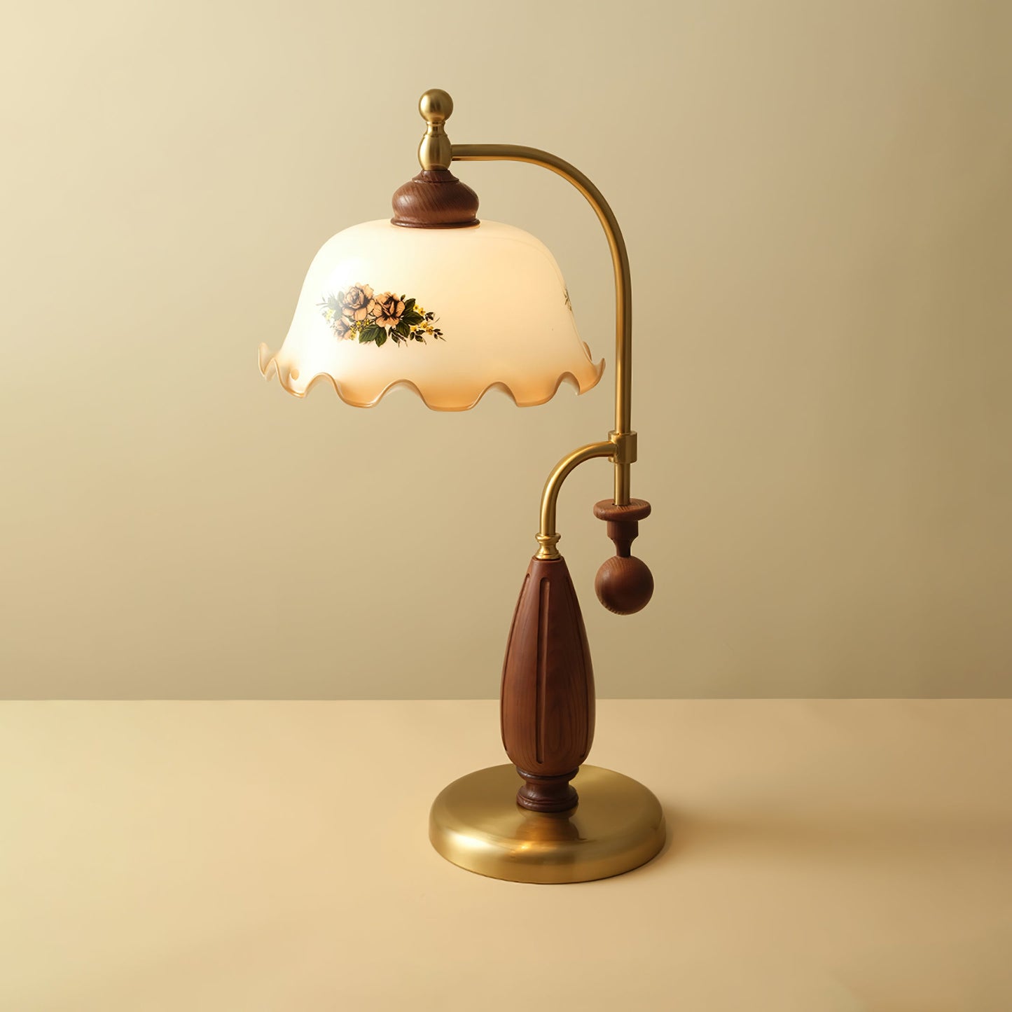 Heritage Bloom Table Lamp | Frosted Glass Shade | Walnut Wood, Gold, Nickel