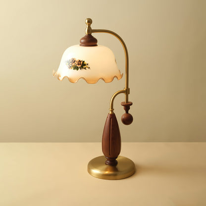 Heritage Bloom Table Lamp | Frosted Glass Shade | Walnut Wood, Gold, Nickel