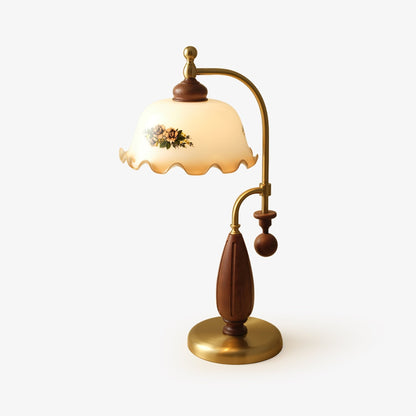 Heritage Bloom Table Lamp | Frosted Glass Shade | Walnut Wood, Gold, Nickel