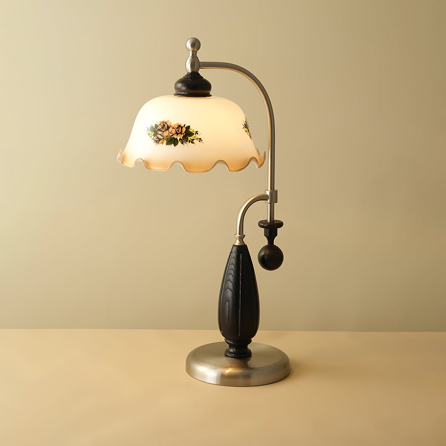 Heritage Bloom Table Lamp | Frosted Glass Shade | Walnut Wood, Gold, Nickel