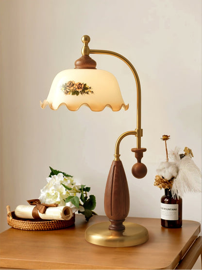 Heritage Bloom Table Lamp | Frosted Glass Shade | Walnut Wood, Gold, Nickel