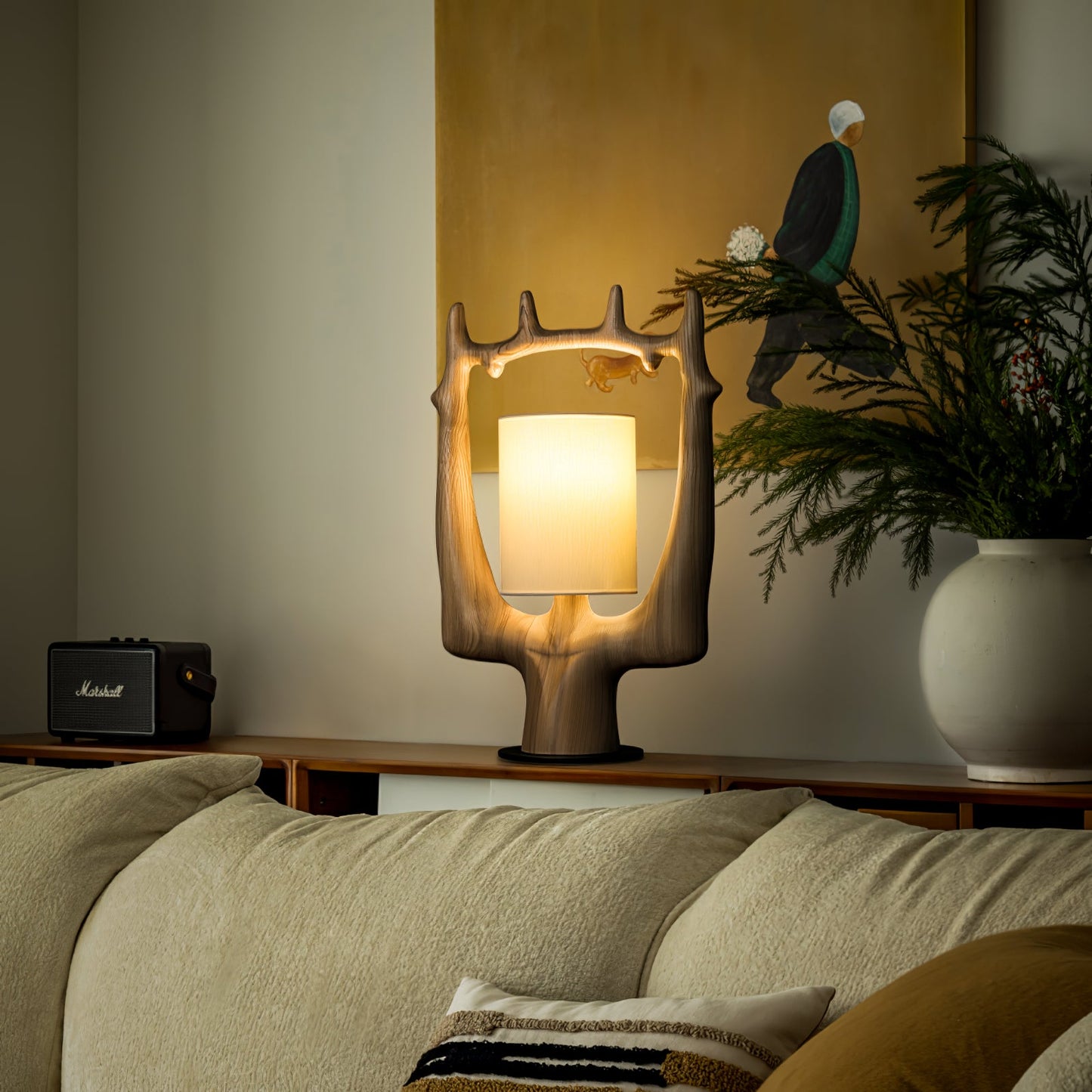 Antler Table Lamp | Wood, Metal, Fabric | Walnut, Black, White