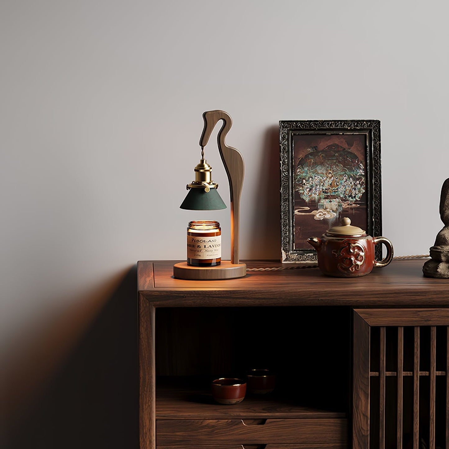 Heron Glow Candle Warmer Lamp | Wood & Brass | Green Shade