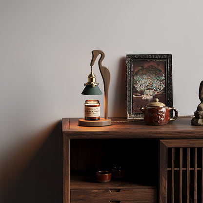 Heron Glow Candle Warmer Lamp | Wood & Brass | Green Shade
