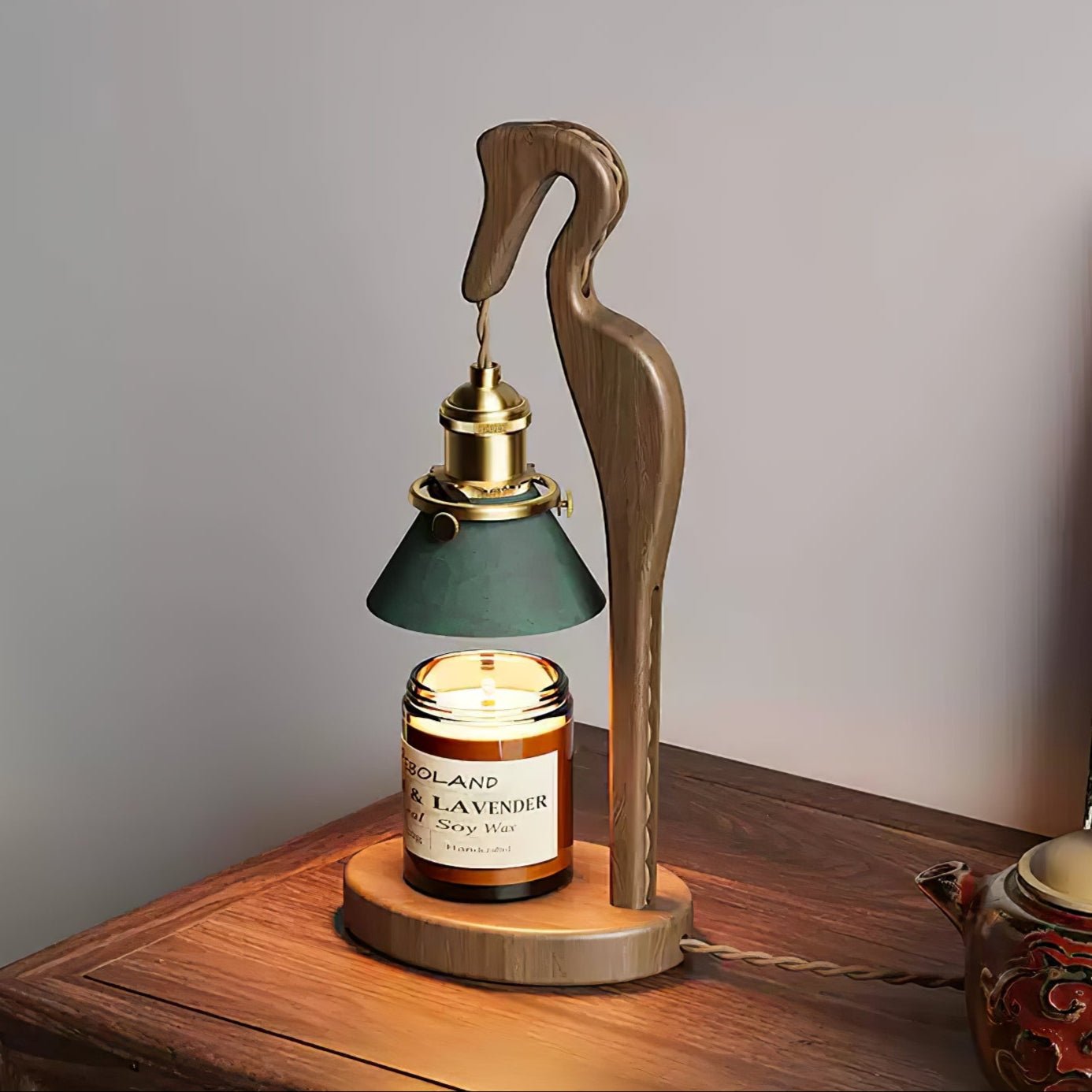 Heron Glow Candle Warmer Lamp | Wood & Brass | Green Shade