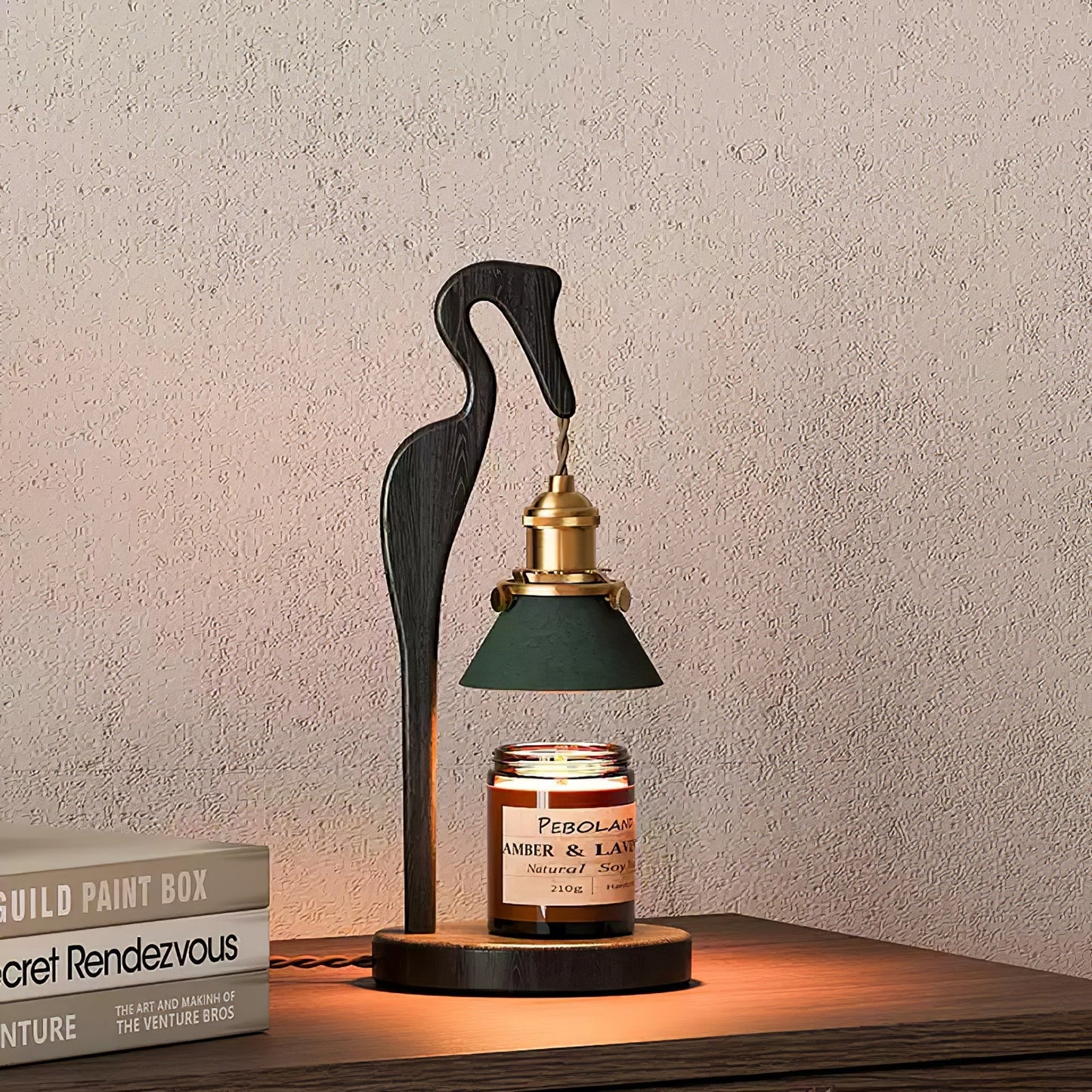 Heron Glow Candle Warmer Lamp | Wood & Brass | Green Shade