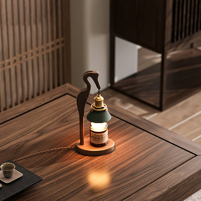 Heron Glow Candle Warmer Lamp | Wood & Brass | Green Shade