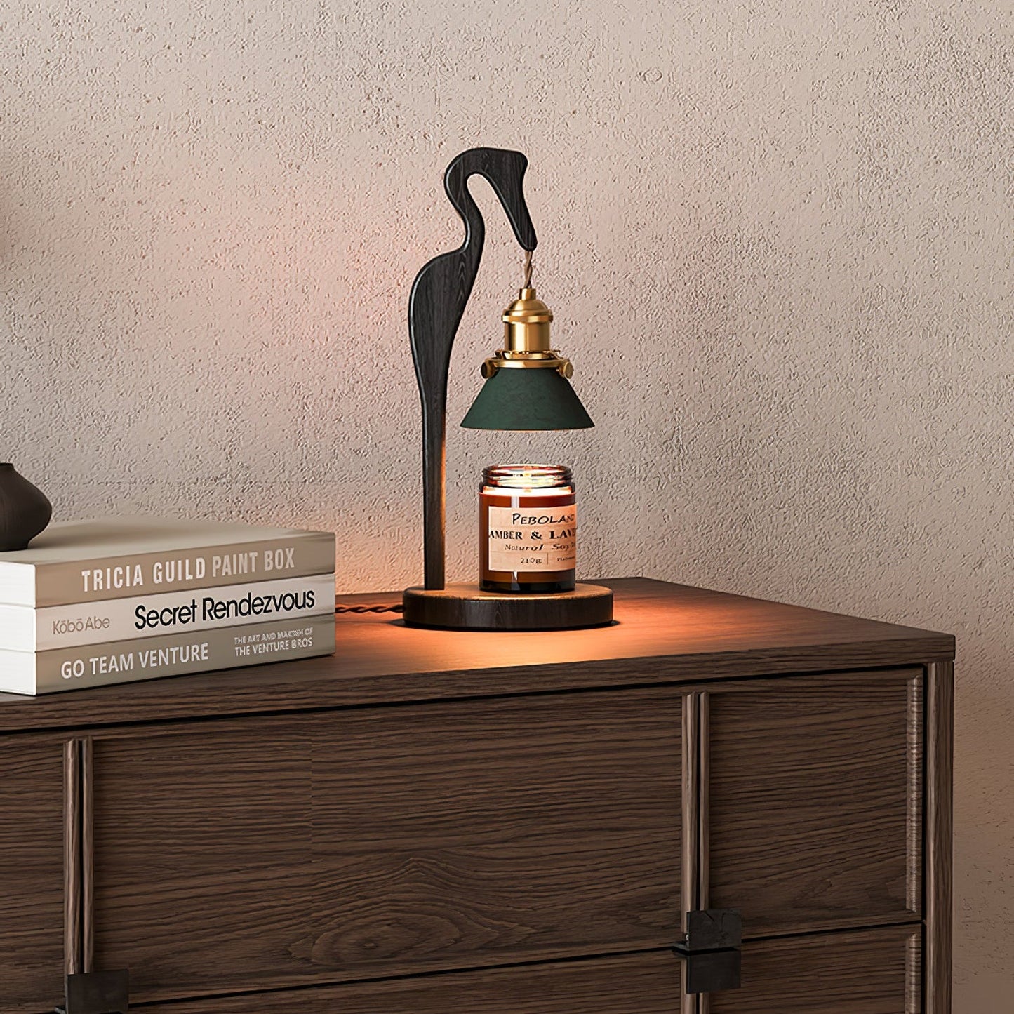 Heron Glow Candle Warmer Lamp | Wood & Brass | Green Shade