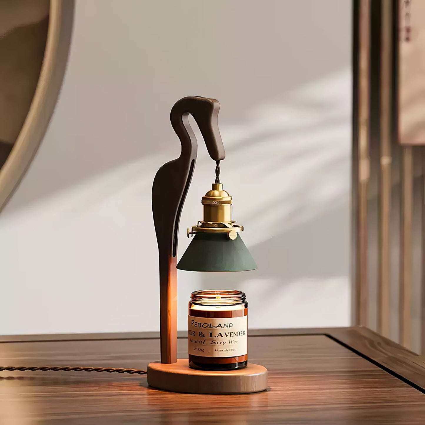 Heron Glow Candle Warmer Lamp | Wood & Brass | Green Shade