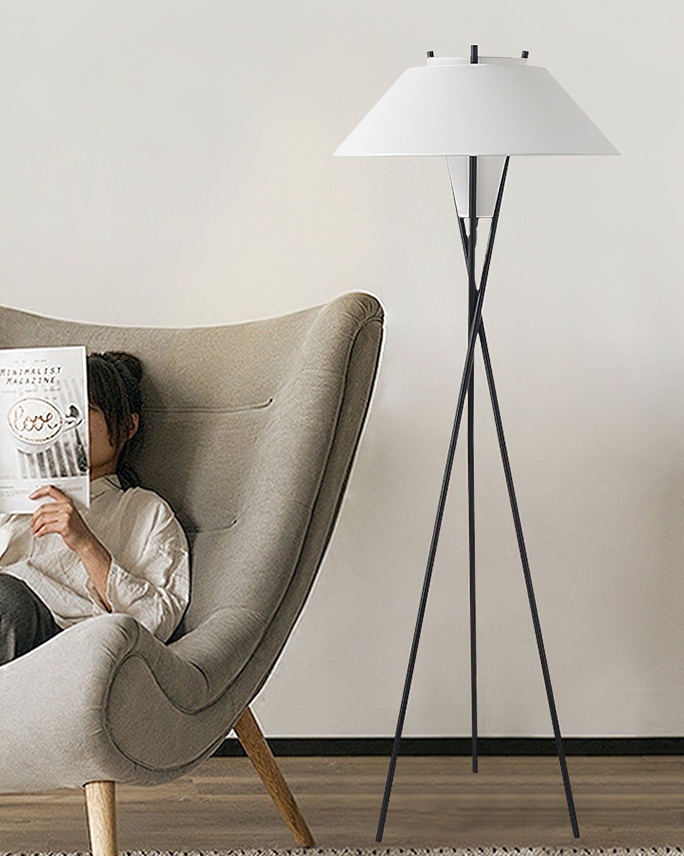 Hoka Tripod Floor Lamp | Metal Frame | Black and White