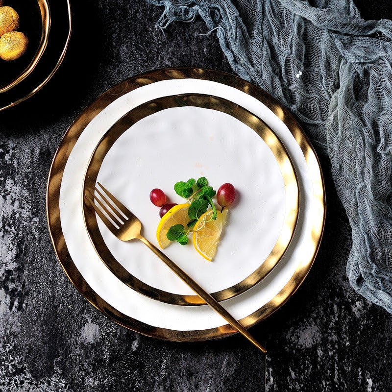 Pearl Plate Set | Handmade Fine Porcelain | Gold Rimmed, Cream & Black