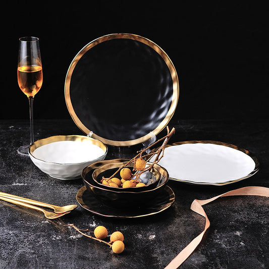 Pearl Plate Set | Handmade Fine Porcelain | Gold Rimmed, Cream & Black