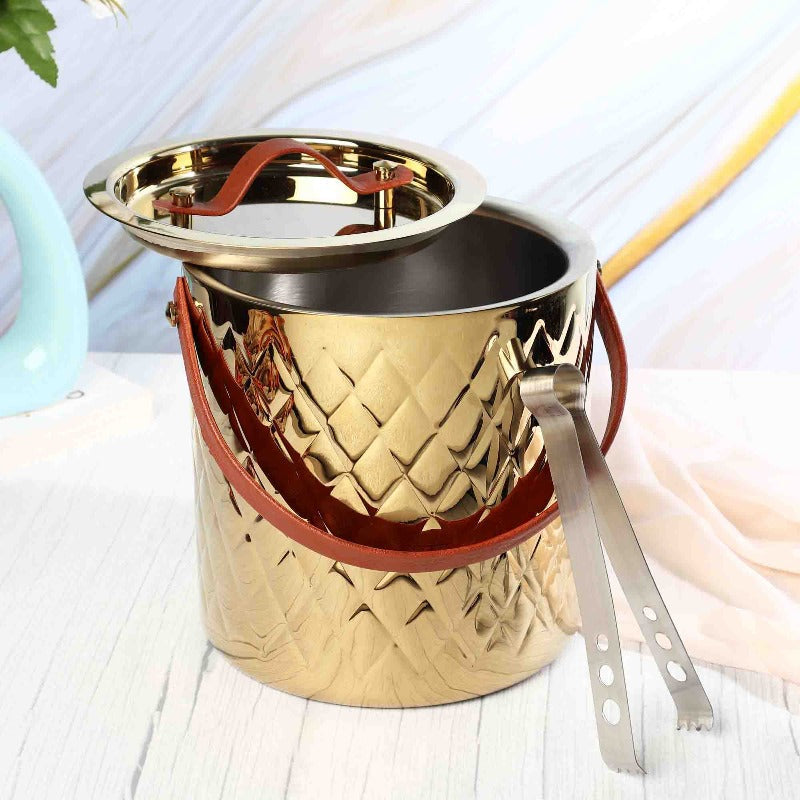 Ice Bucket with Tong | Leather Handle | Silver, Gold & Rose Gold