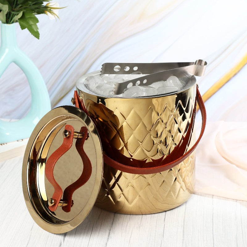 Ice Bucket with Tong | Leather Handle | Silver, Gold & Rose Gold