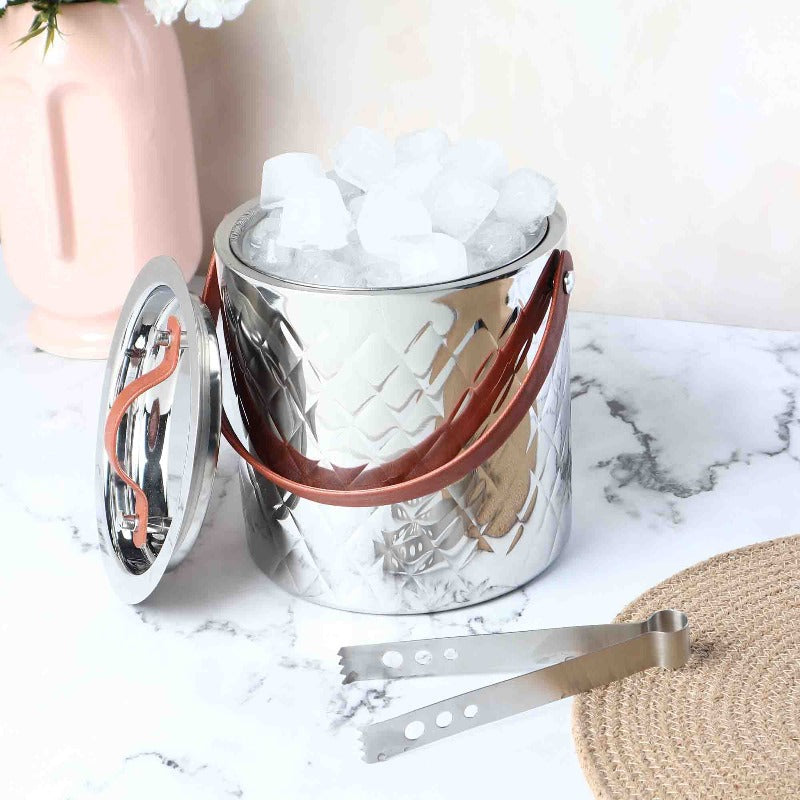 Ice Bucket with Tong | Leather Handle | Silver, Gold & Rose Gold