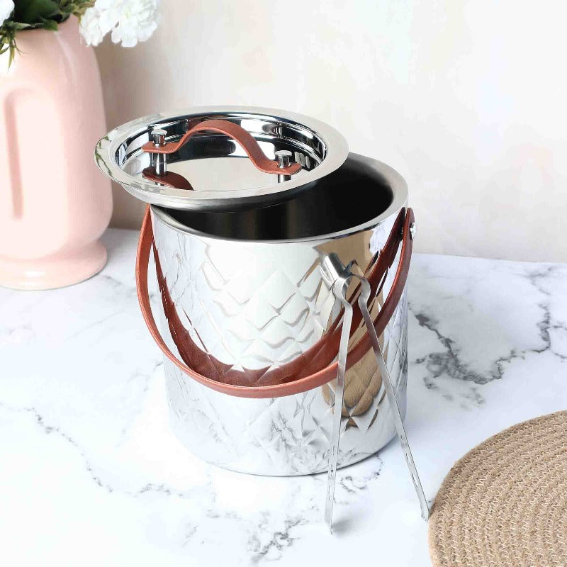 Ice Bucket with Tong | Leather Handle | Silver, Gold & Rose Gold