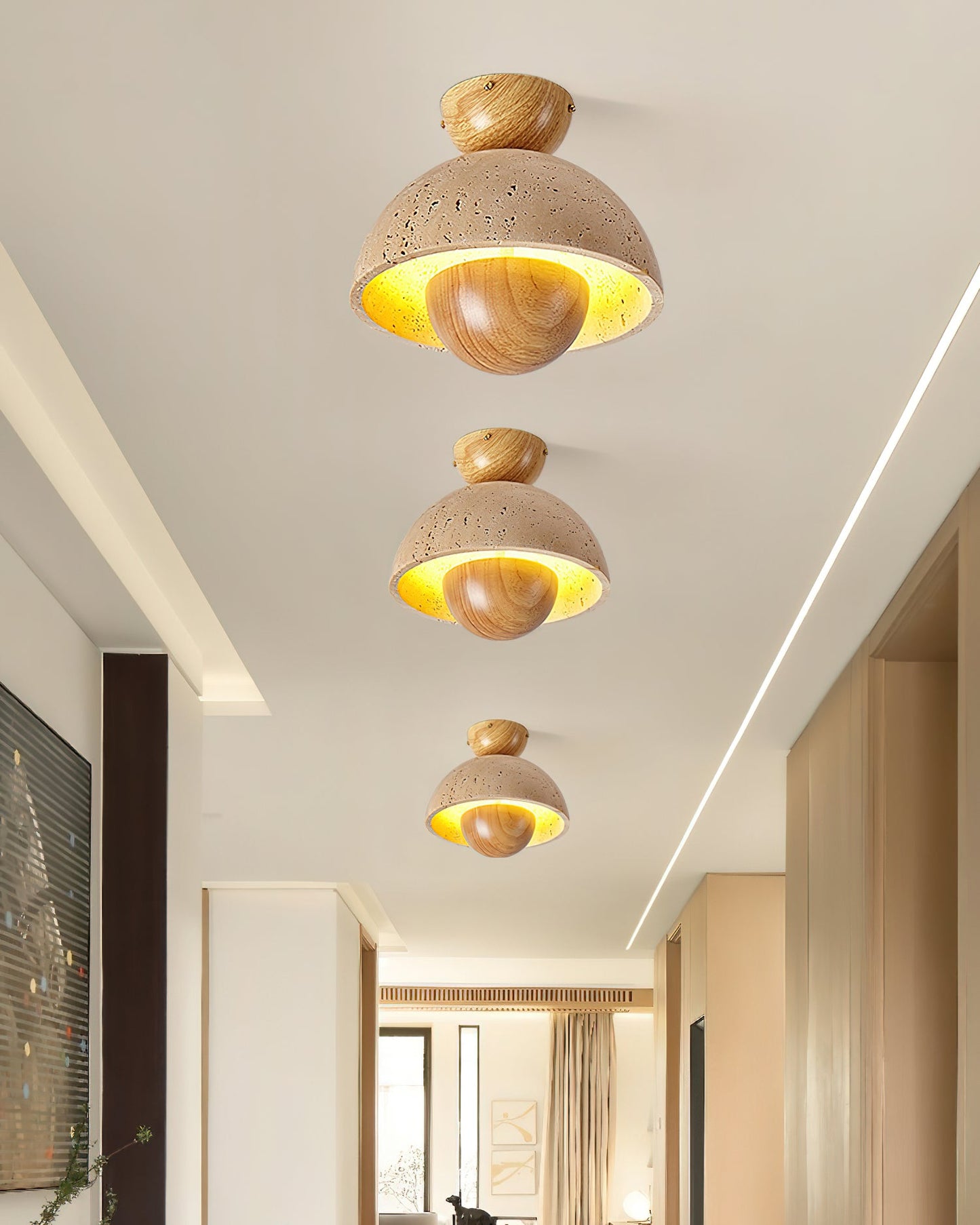 Inverted Ceiling Lamp | Travertine, Metal, Wood | Yellow, Walnut, Wood Color
