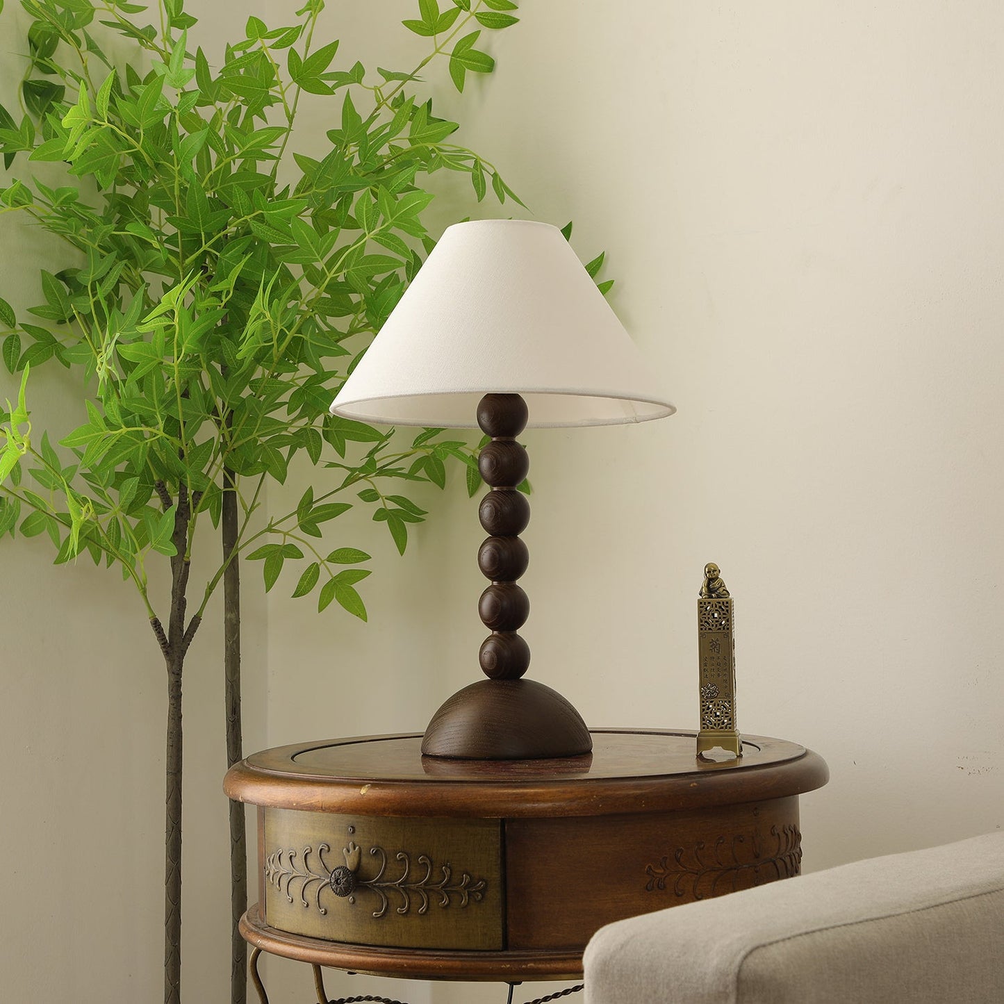 Isabella Grace Table Lamp | Dark Wood & Fabric | Walnut Color