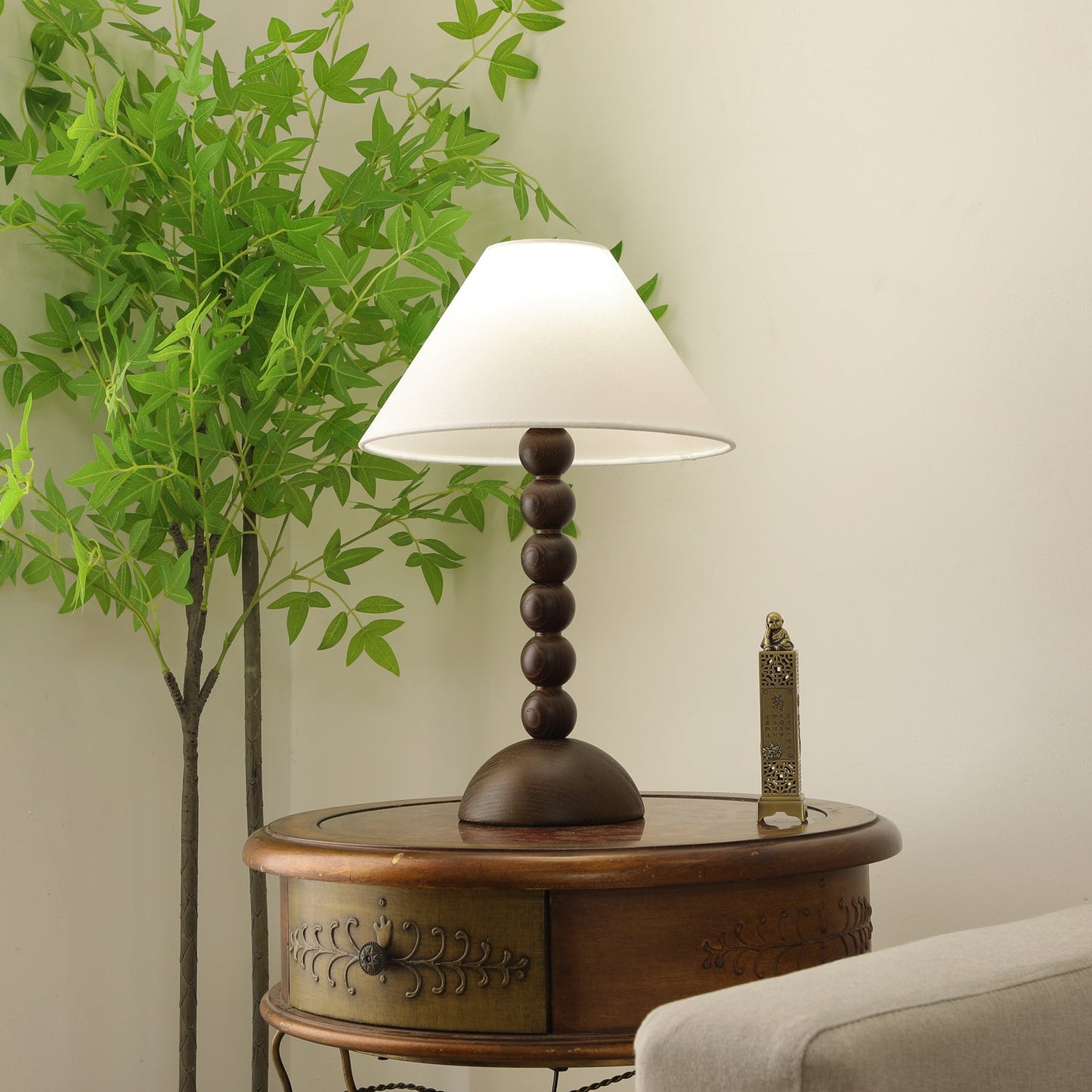 Isabella Grace Table Lamp | Dark Wood & Fabric | Walnut Color