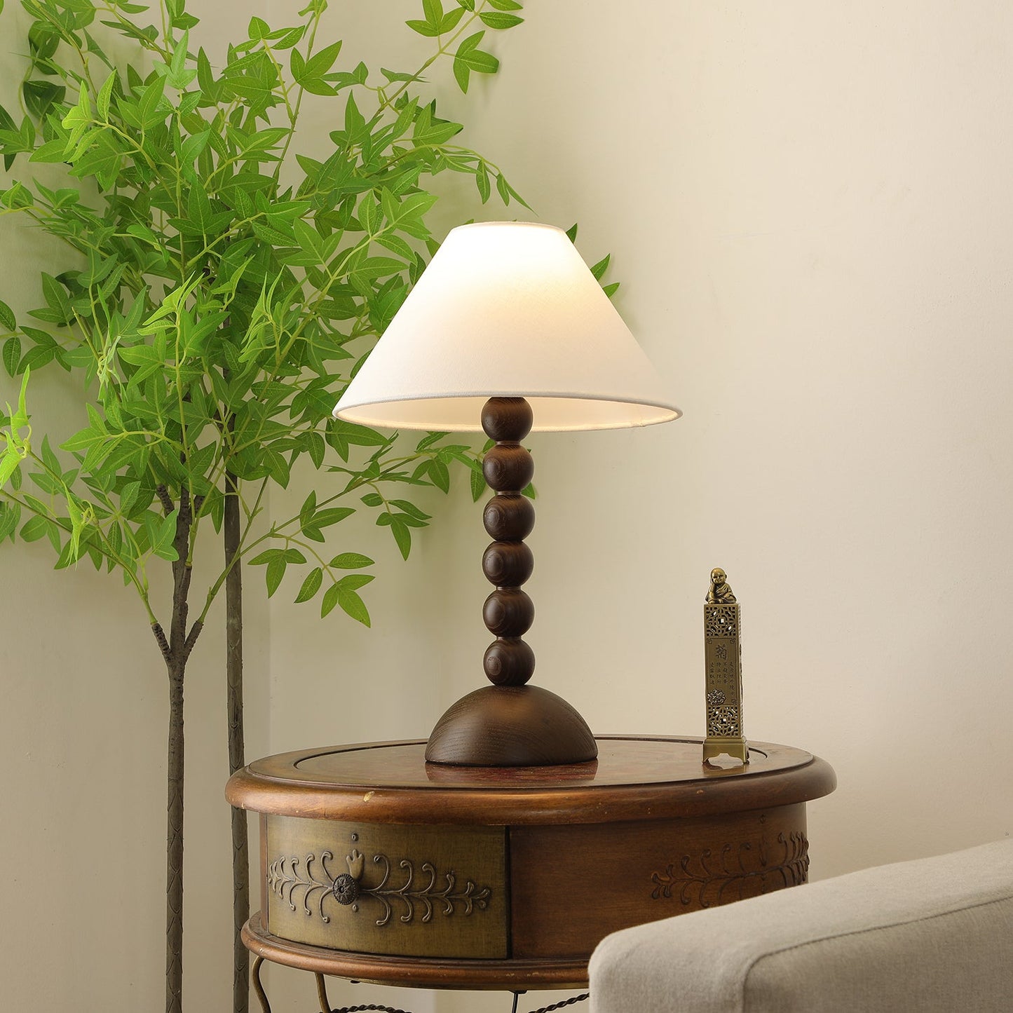 Isabella Grace Table Lamp | Dark Wood & Fabric | Walnut Color