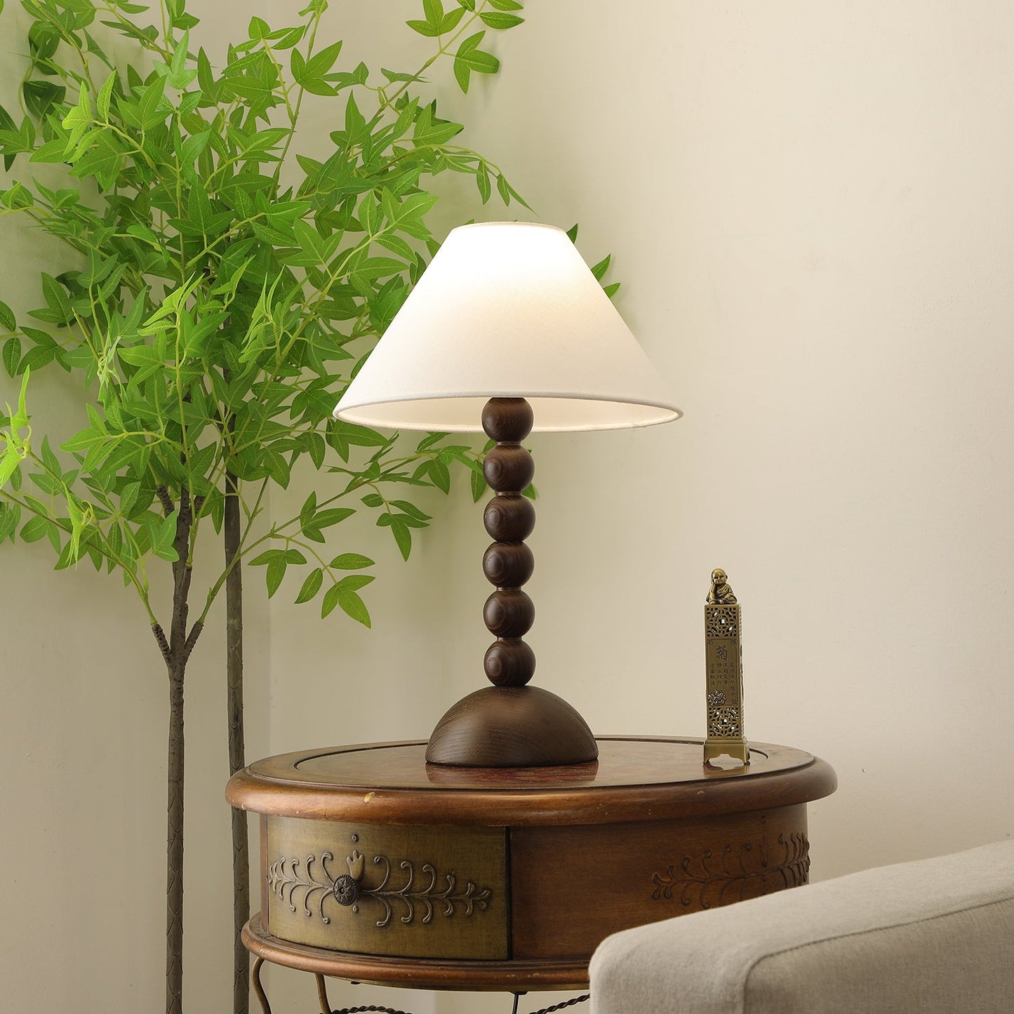 Isabella Grace Table Lamp | Dark Wood & Fabric | Walnut Color