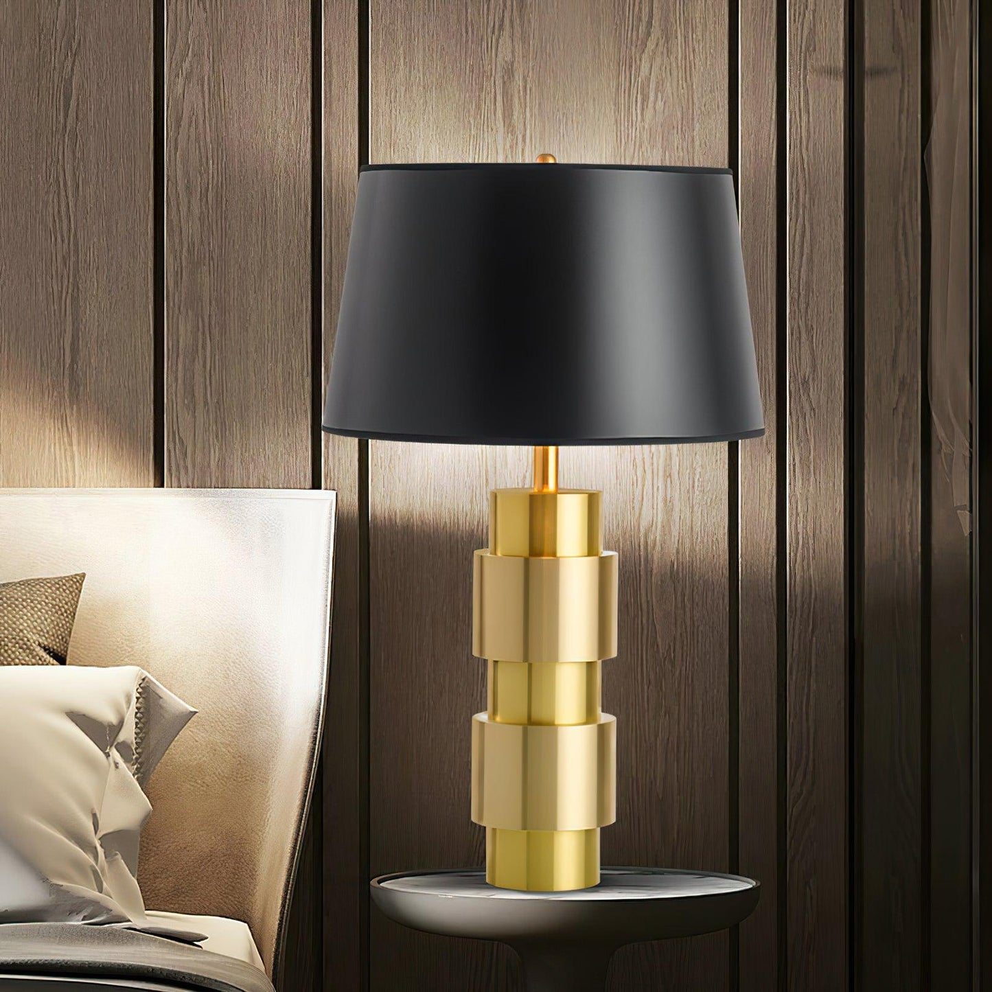 Jean Cylinder Table Lamp | Gold Metal & Fabric | Black Shade