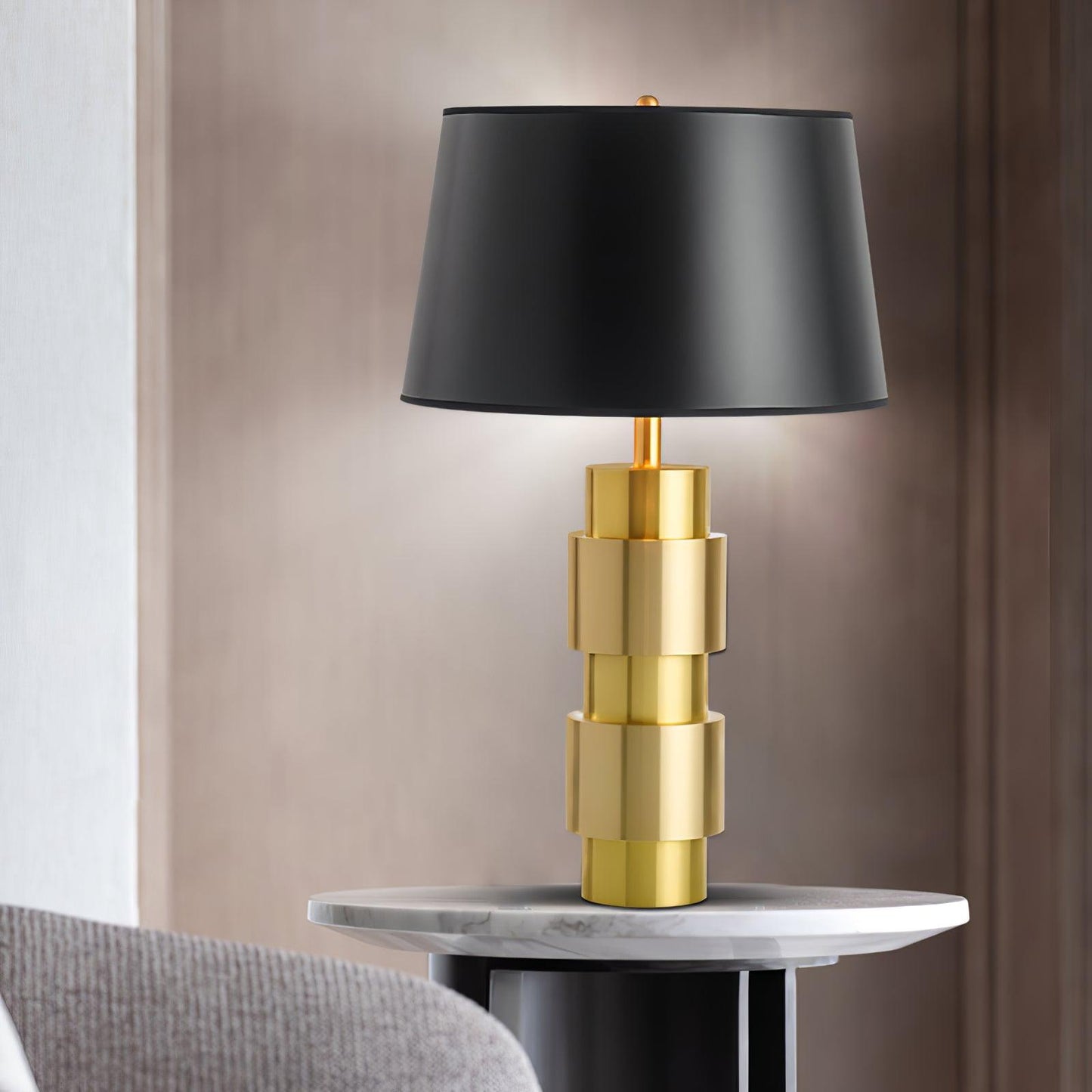 Jean Cylinder Table Lamp | Gold Metal & Fabric | Black Shade