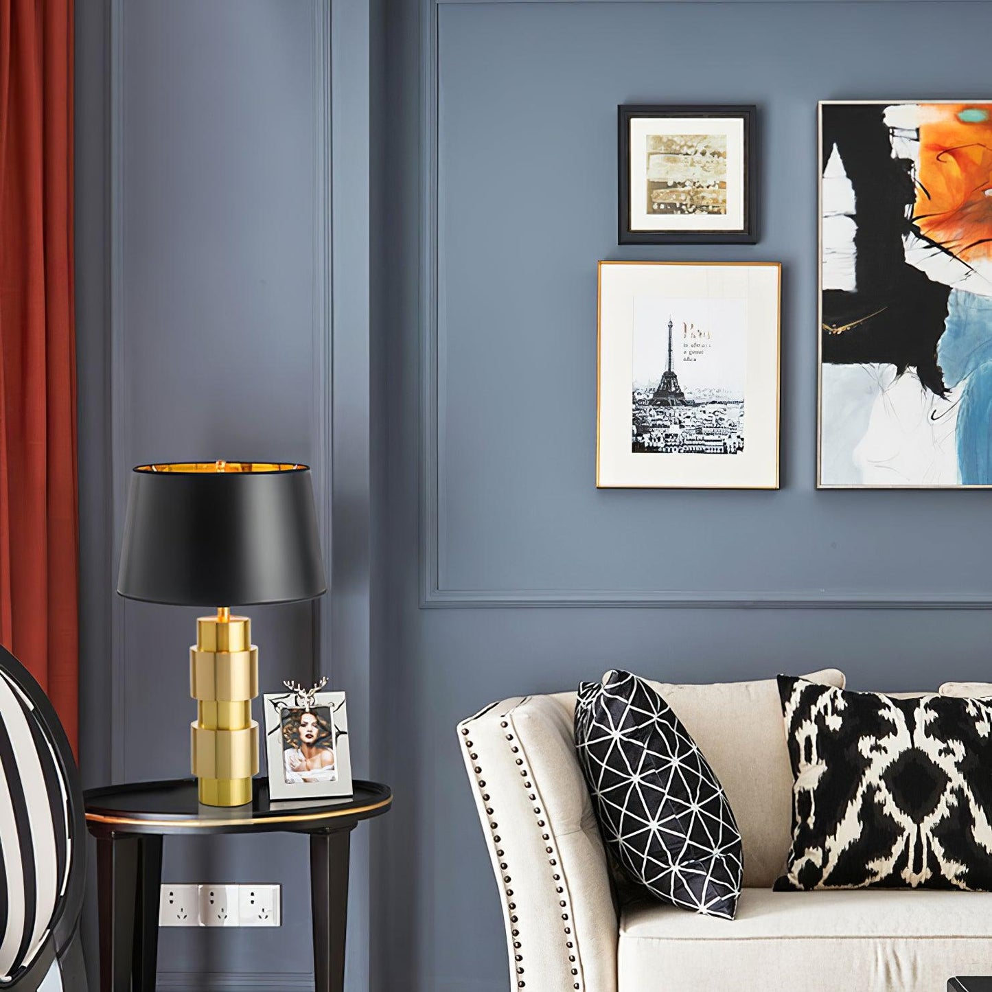 Jean Cylinder Table Lamp | Gold Metal & Fabric | Black Shade
