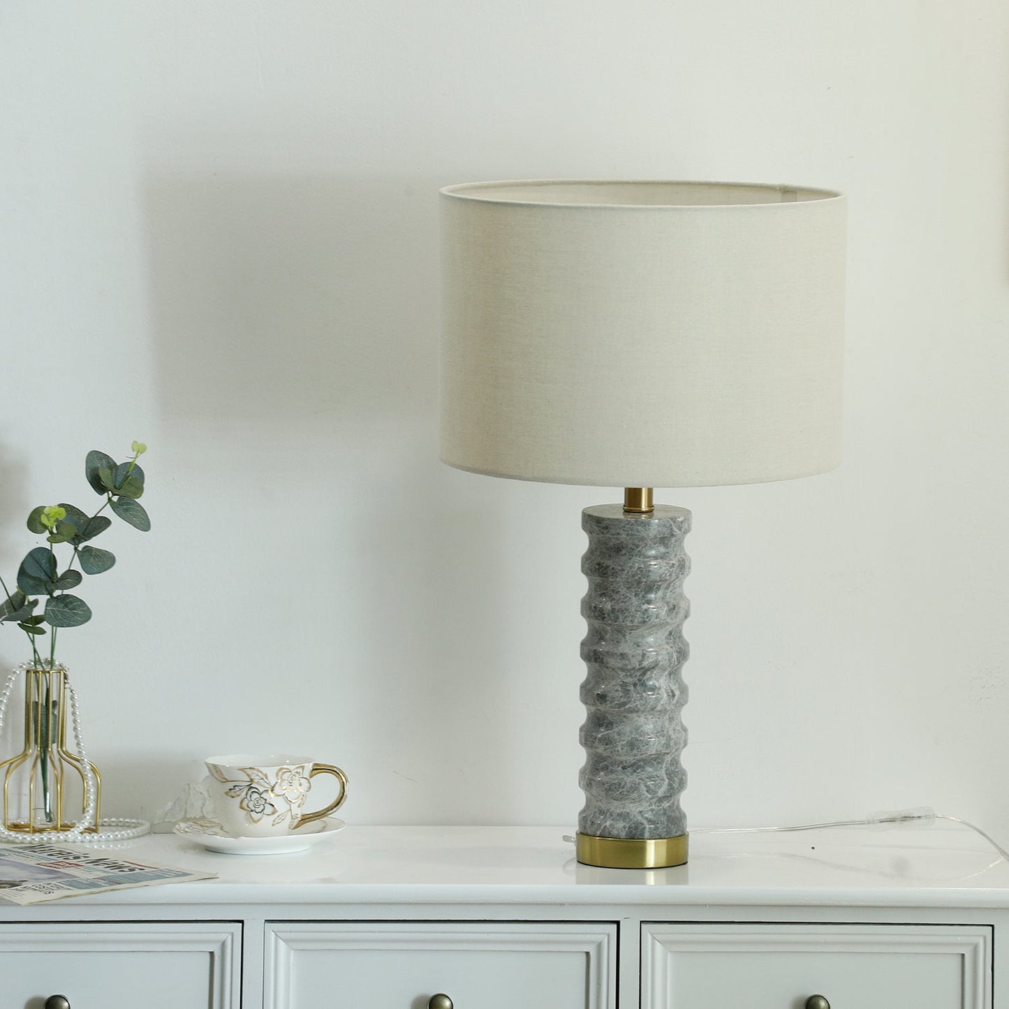 Julienne Marble Table Lamp | Marble & Iron | Grey Base White Shade