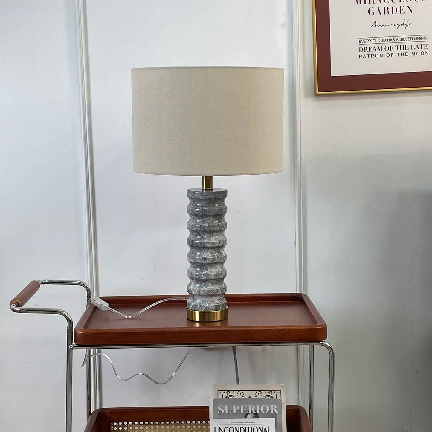 Julienne Marble Table Lamp | Marble & Iron | Grey Base White Shade
