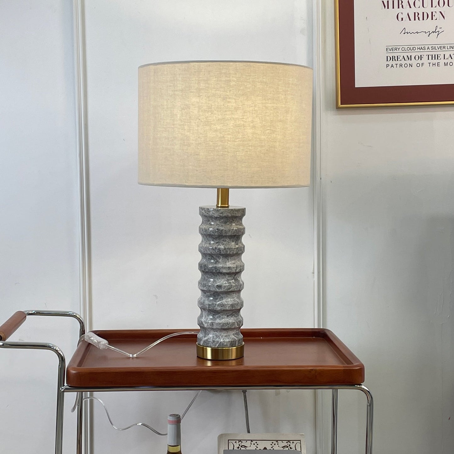 Julienne Marble Table Lamp | Marble & Iron | Grey Base White Shade