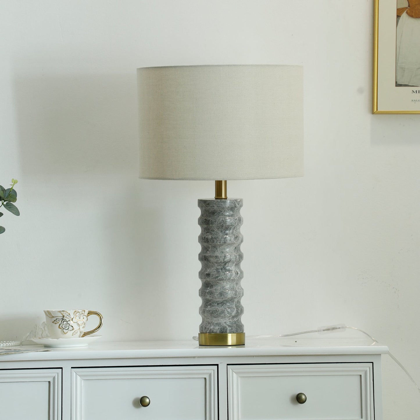 Julienne Marble Table Lamp | Marble & Iron | Grey Base White Shade