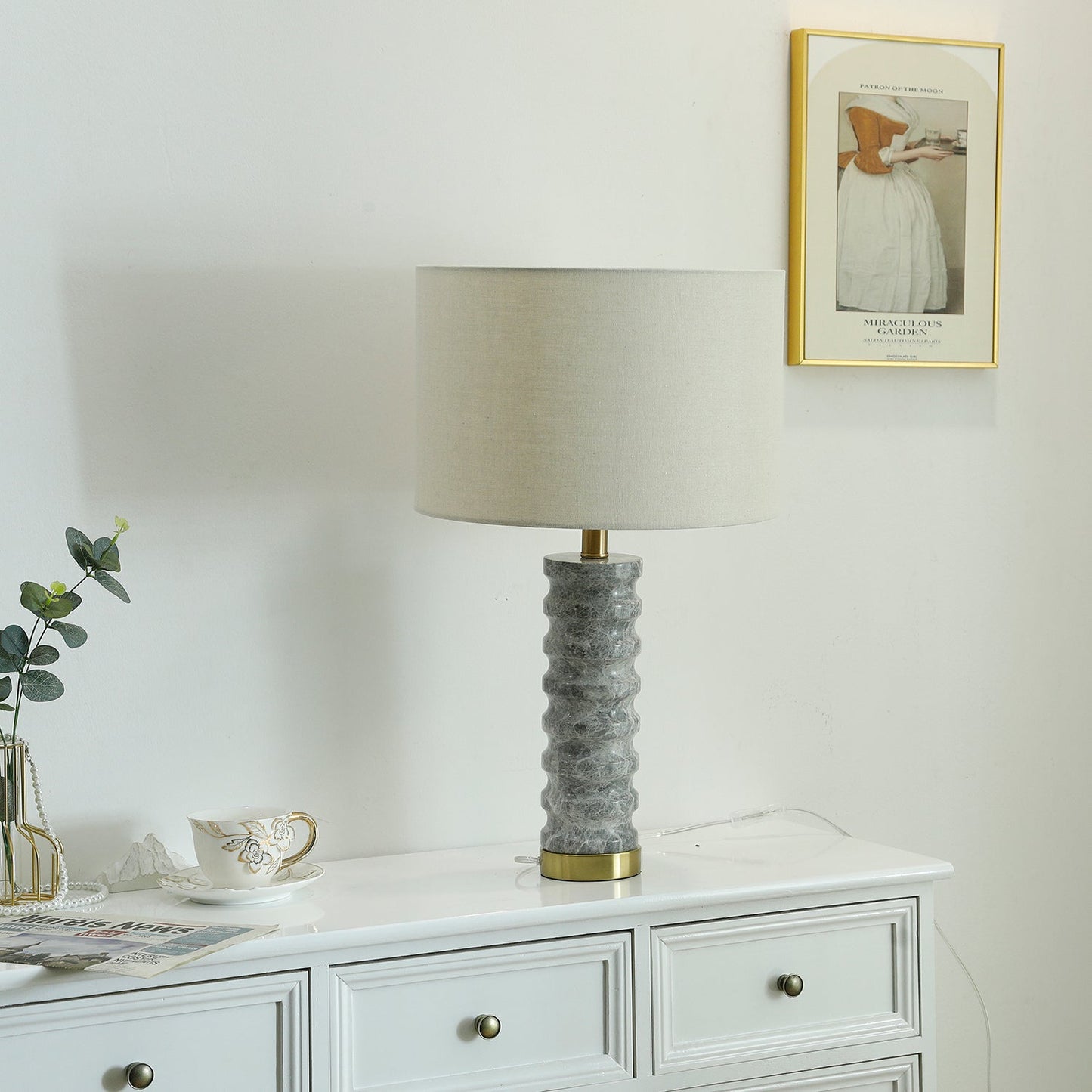 Julienne Marble Table Lamp | Marble & Iron | Grey Base White Shade