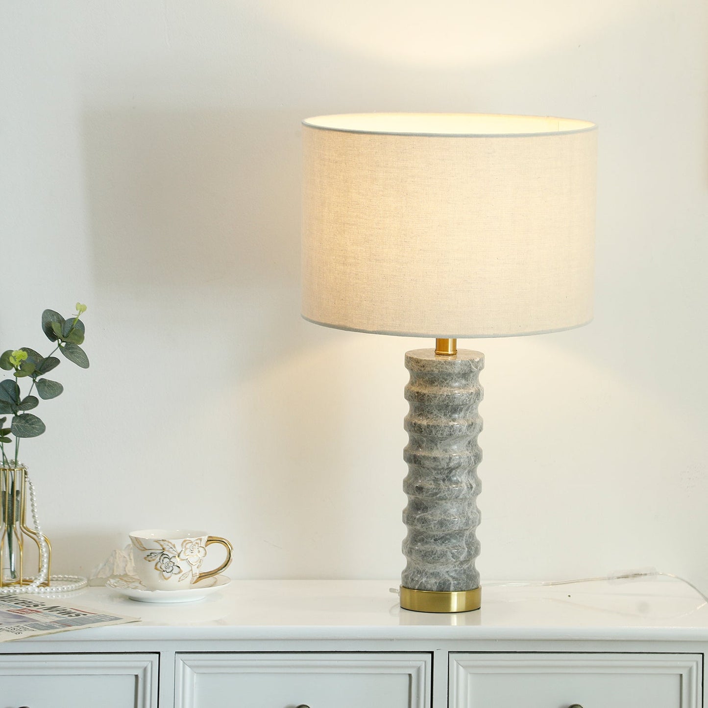 Julienne Marble Table Lamp | Marble & Iron | Grey Base White Shade