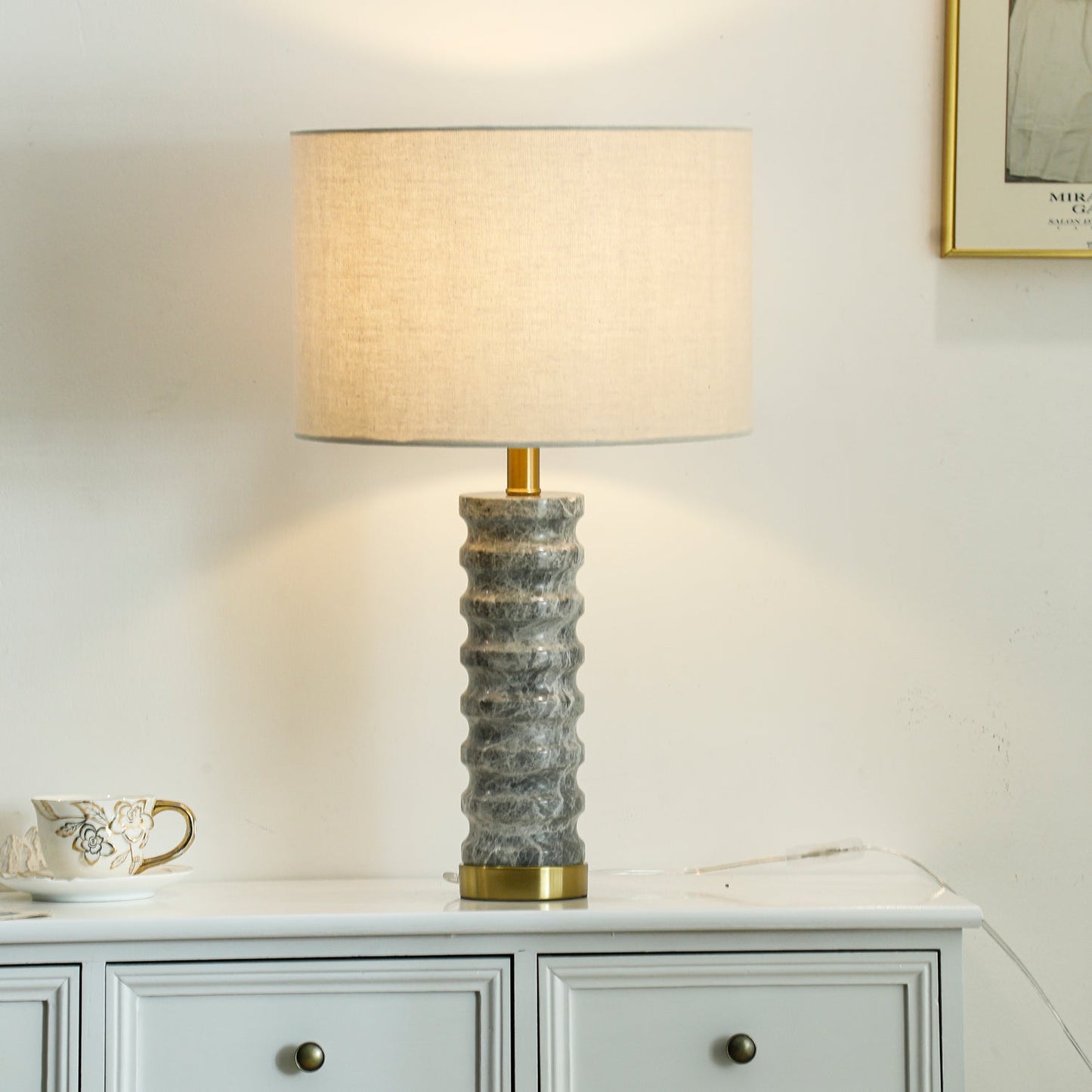 Julienne Marble Table Lamp | Marble & Iron | Grey Base White Shade