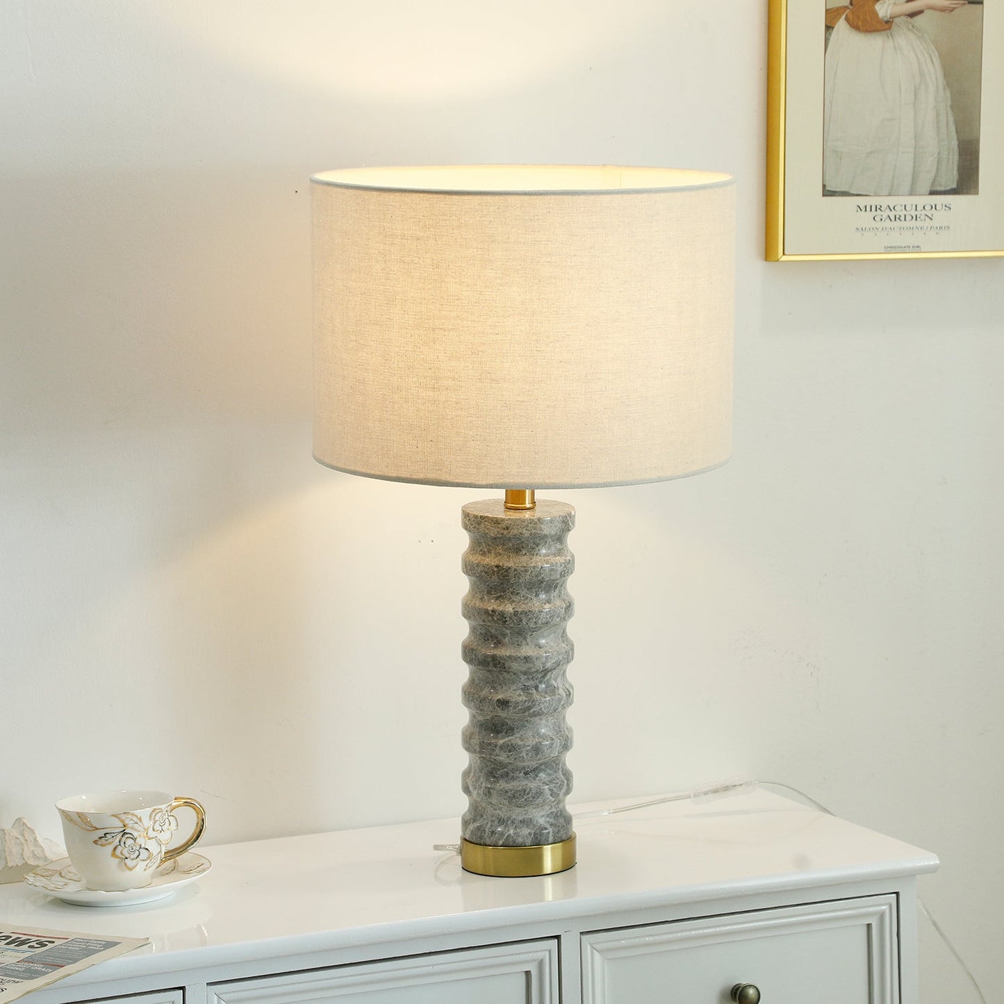 Julienne Marble Table Lamp | Marble & Iron | Grey Base White Shade