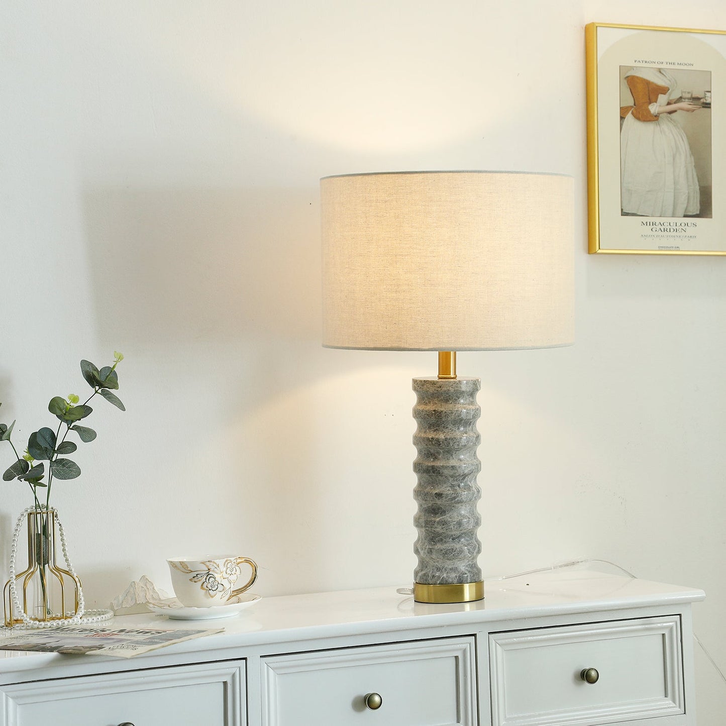 Julienne Marble Table Lamp | Marble & Iron | Grey Base White Shade
