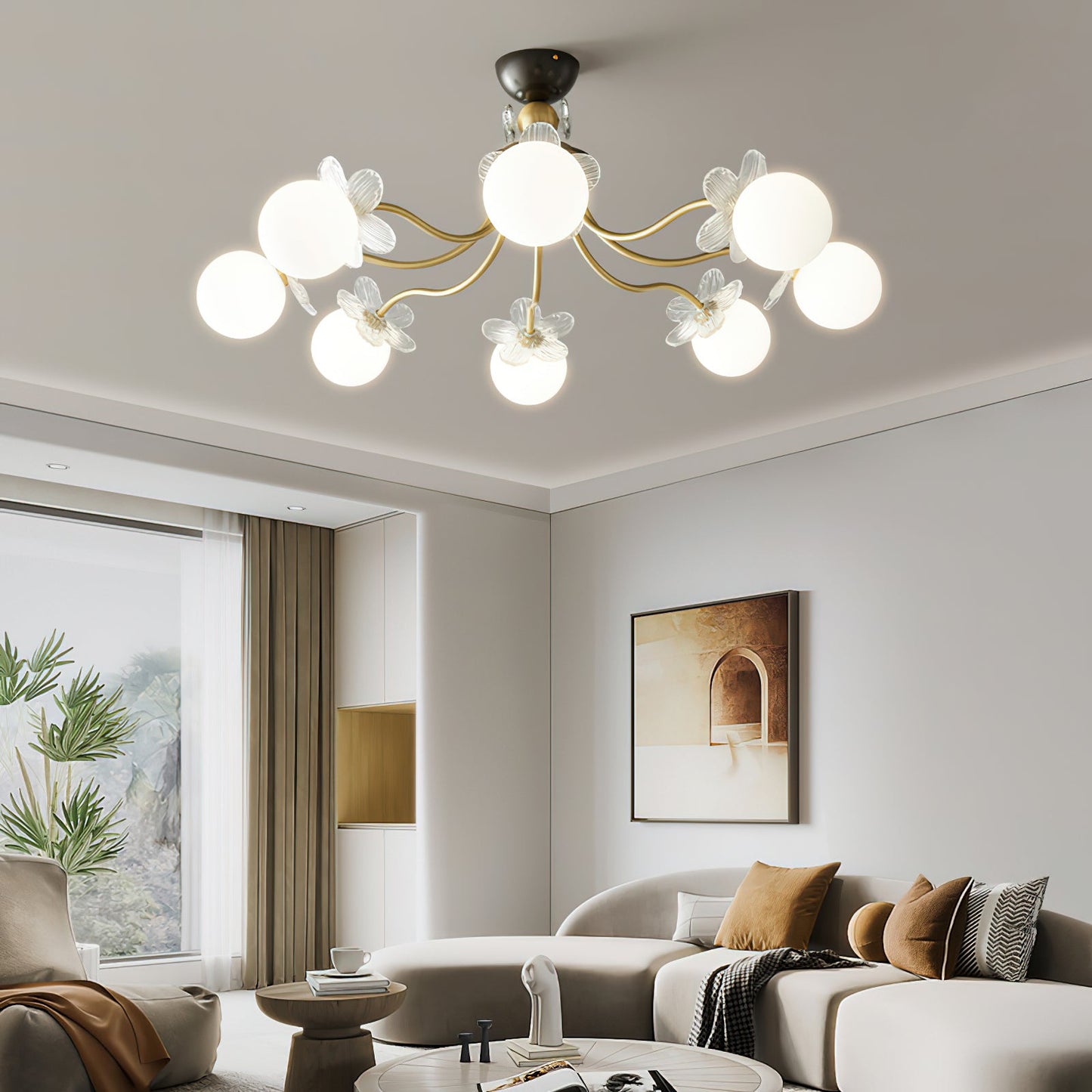 Blossom Flower Chandelier | Brass & Glass | White
