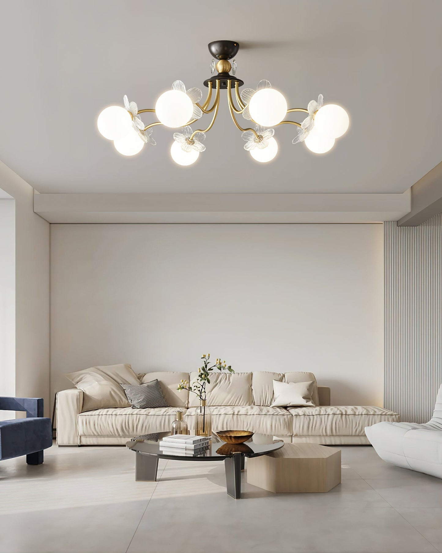 Blossom Flower Chandelier | Brass & Glass | White