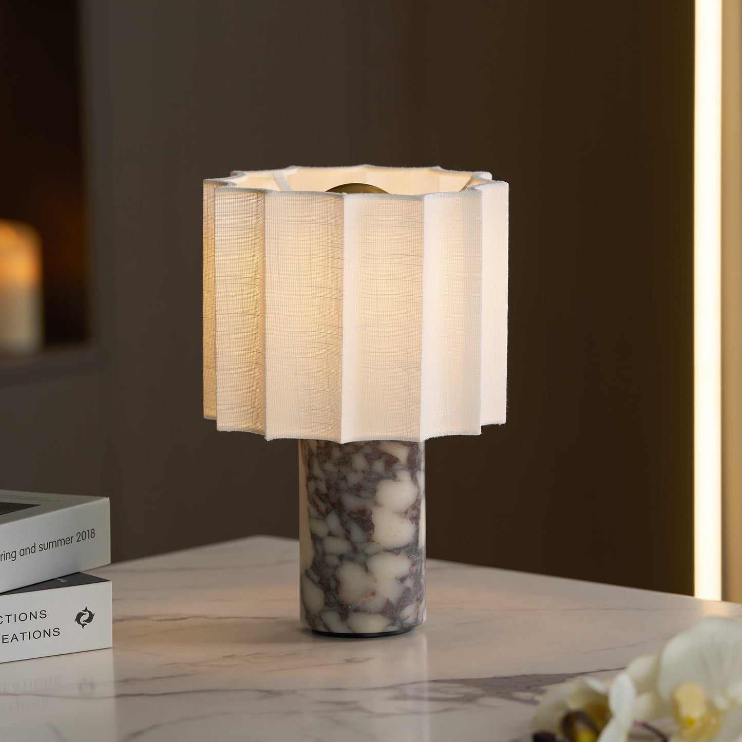 Orbis Veil Table Lamp | Natural Marble Base | White Shade