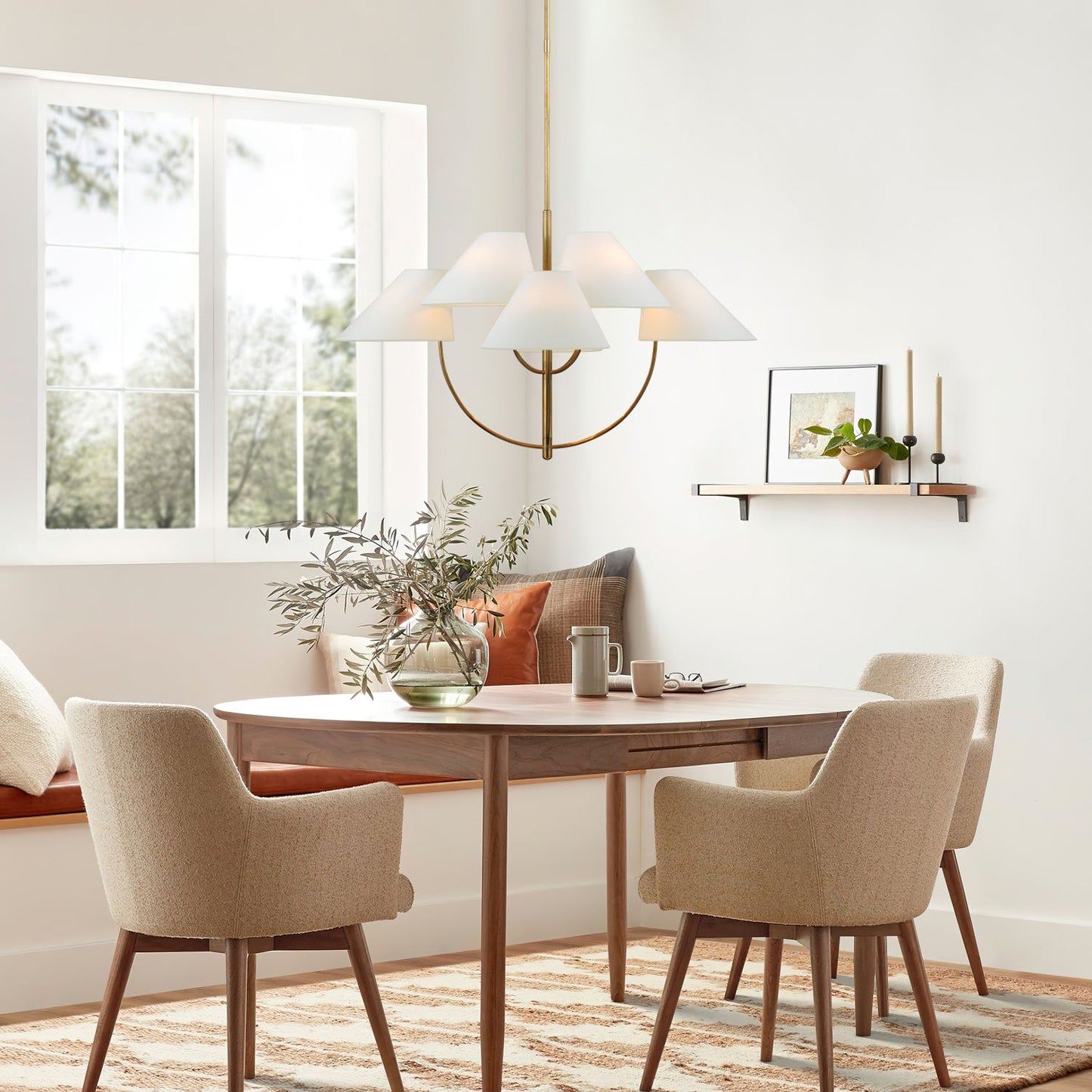 Kenney Chandelier | Brass & Fabric | 4-Light, White Shade