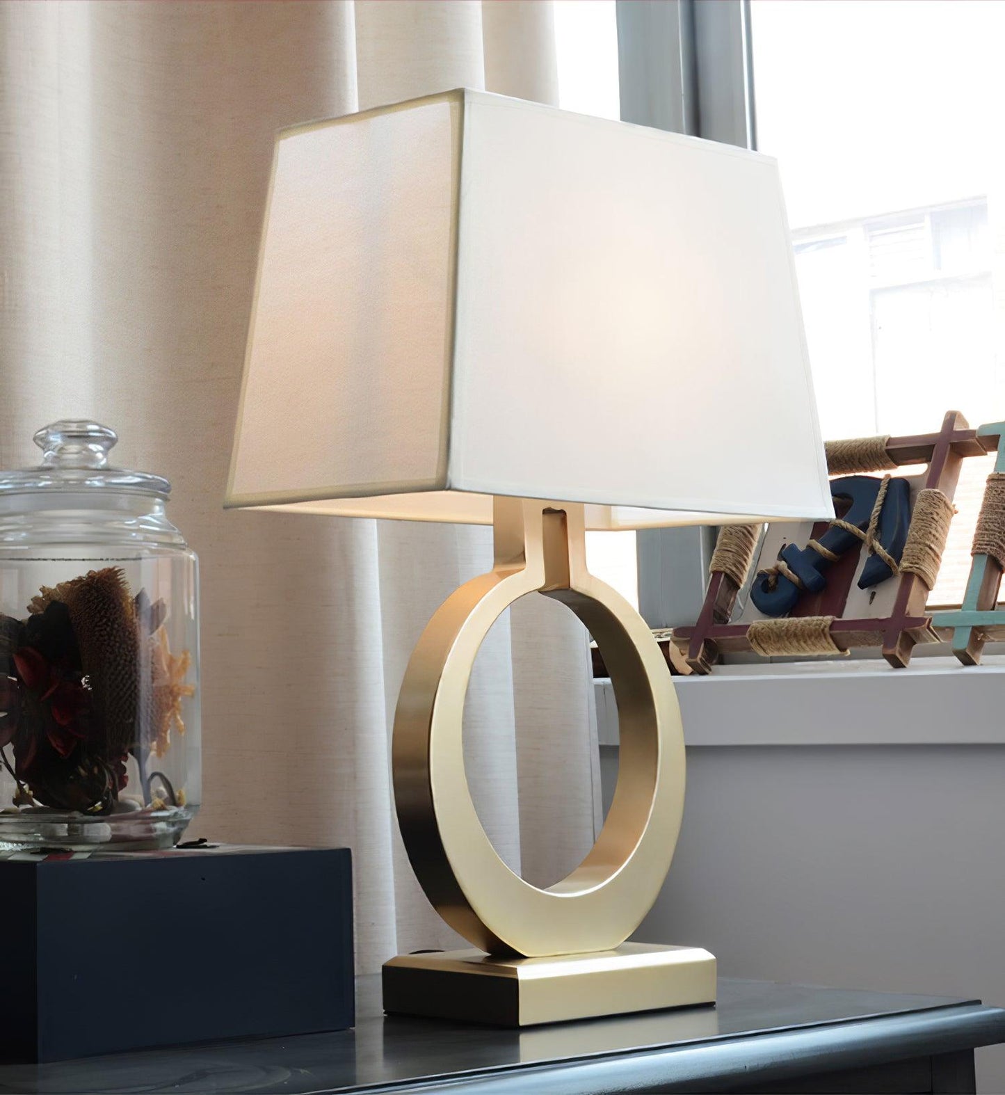 Keyhole Ring Table Lamp | Gold Metal & Fabric | White Shade