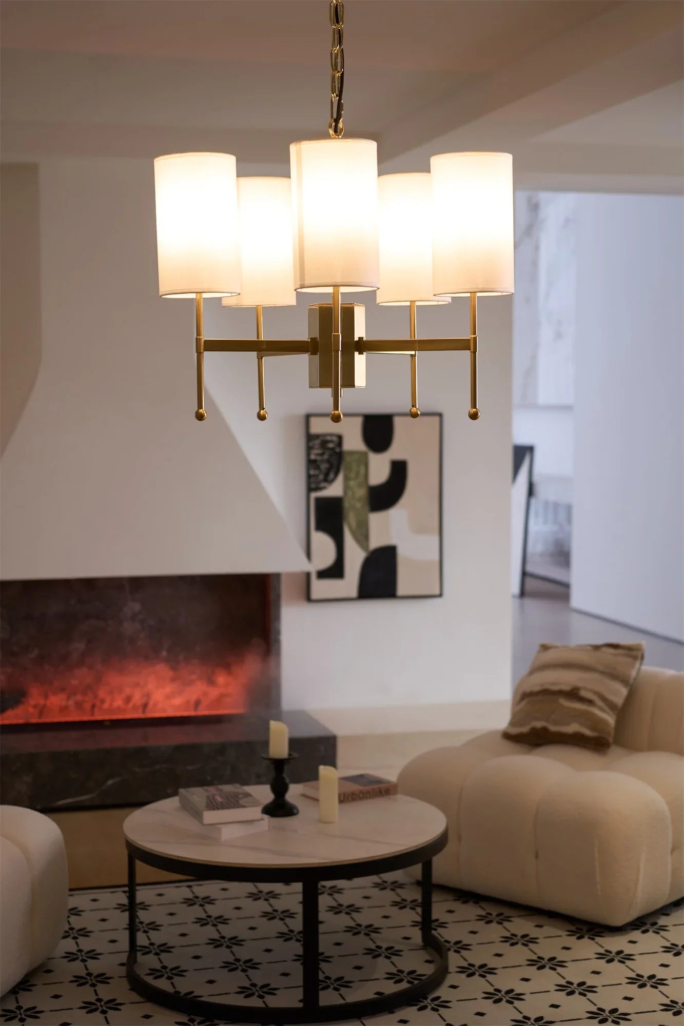 Kichler Chandelier | Brass Frame | White Fabric Shade | 5, 6, or 8 Lights