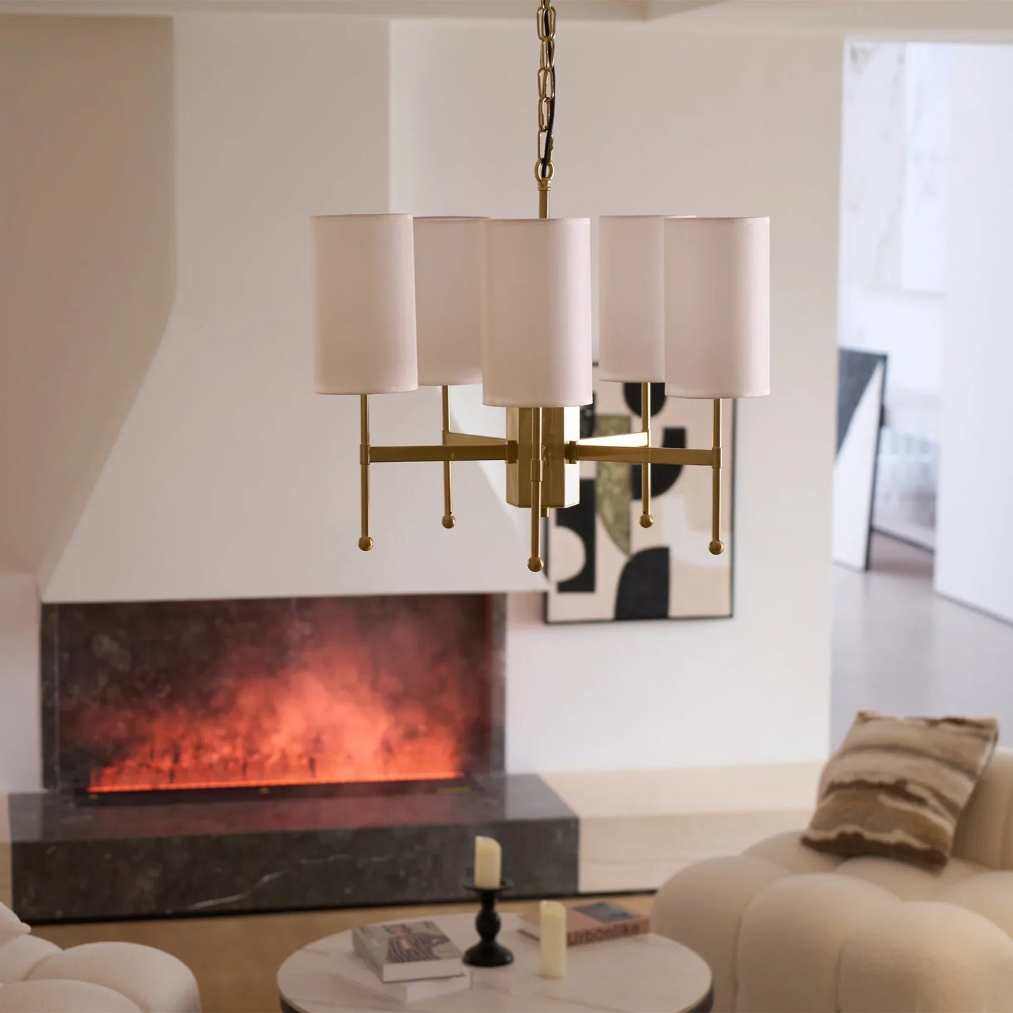 Kichler Chandelier | Brass Frame | White Fabric Shade | 5, 6, or 8 Lights