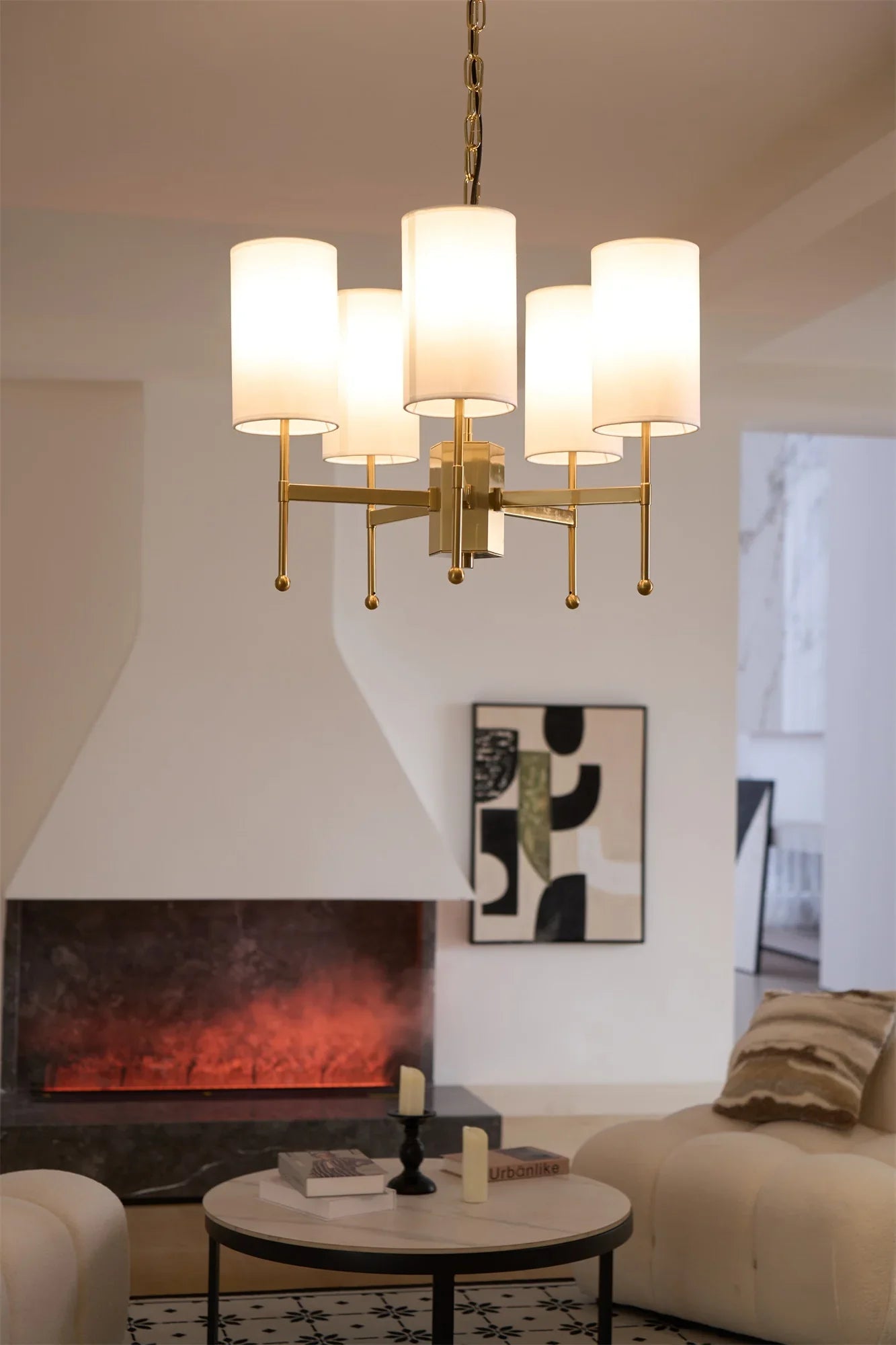 Kichler Chandelier | Brass Frame | White Fabric Shade | 5, 6, or 8 Lights