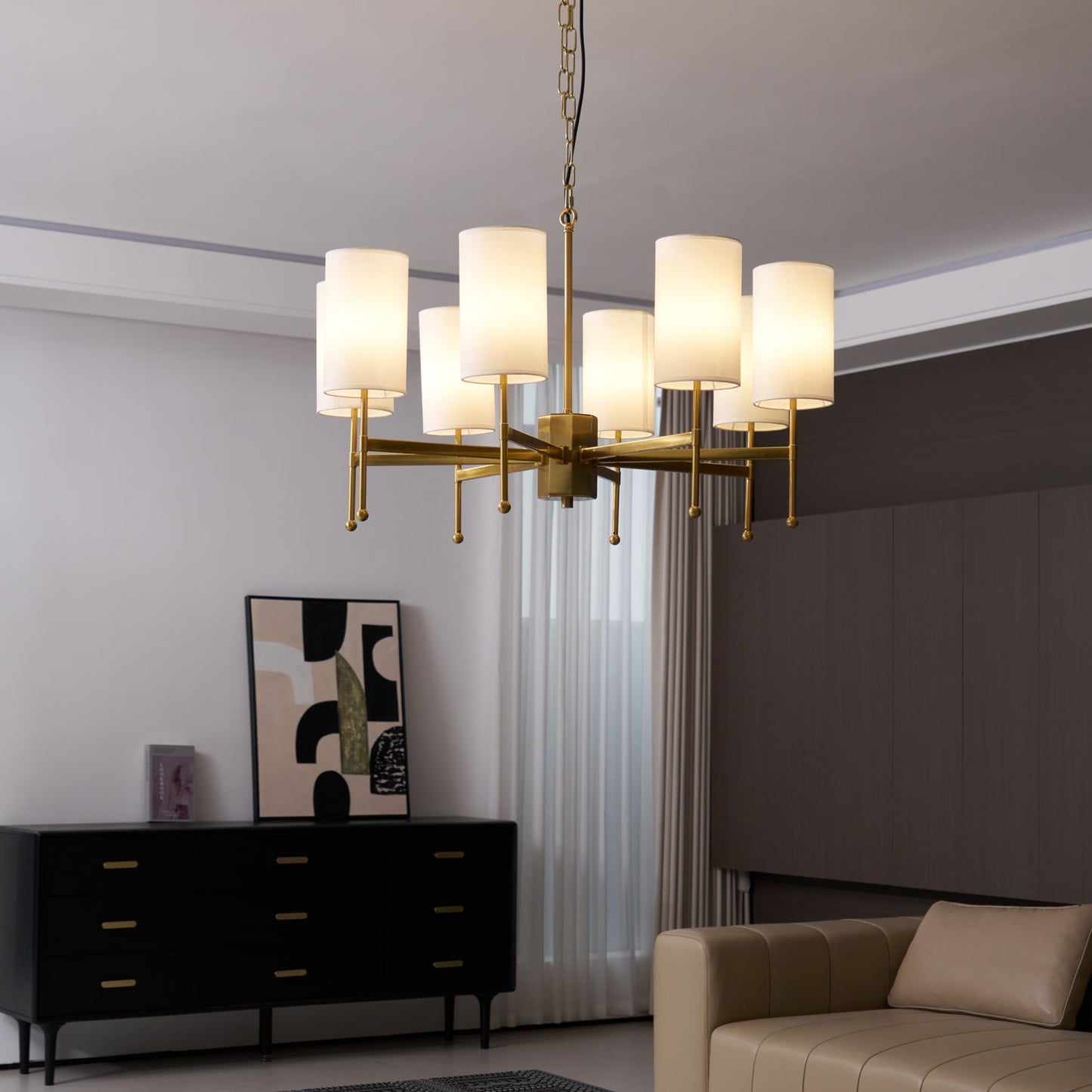 Kichler Chandelier | Brass Frame | White Fabric Shade | 5, 6, or 8 Lights