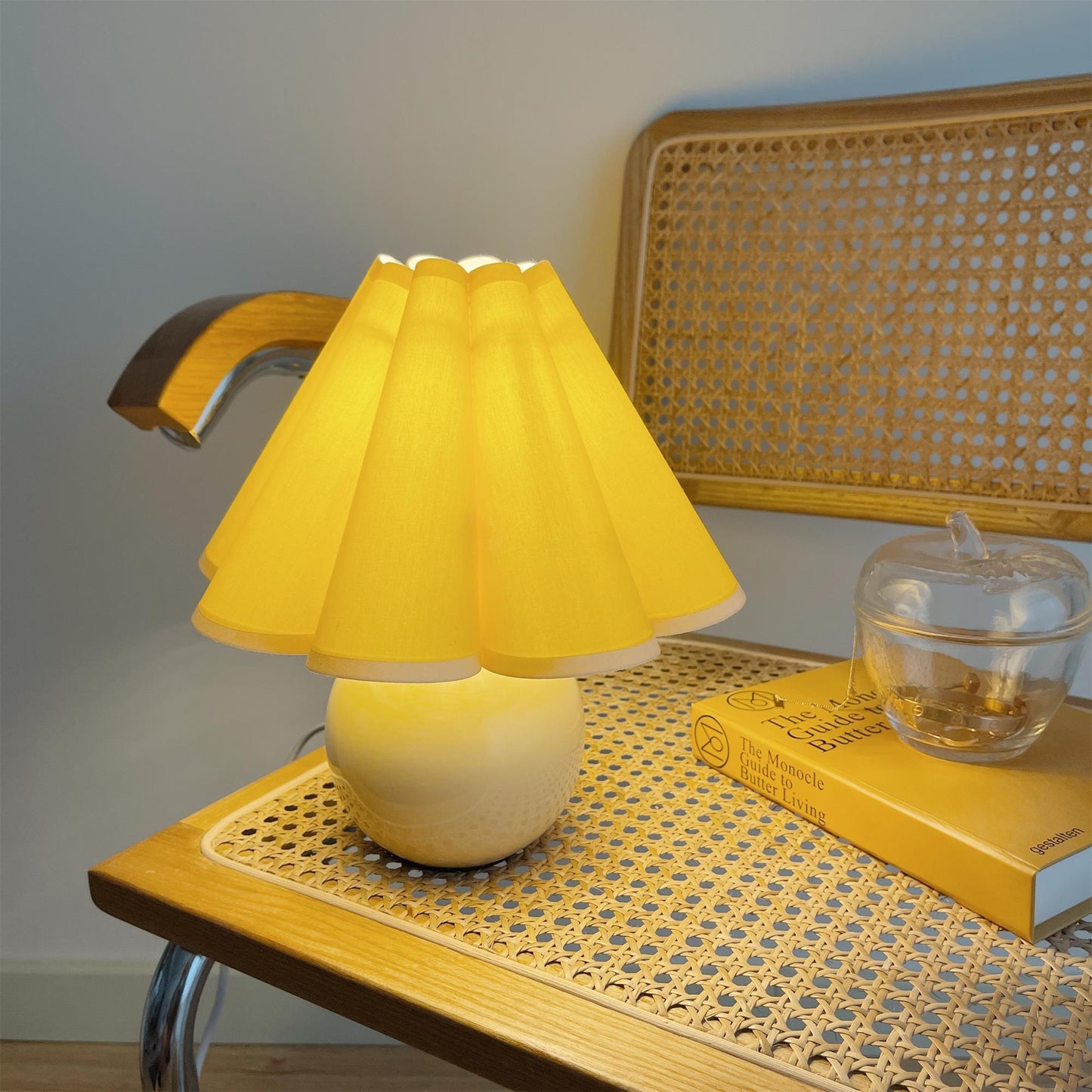 Pleated Table Lamp | White Ceramic & Linen Shade | 28cm Diameter